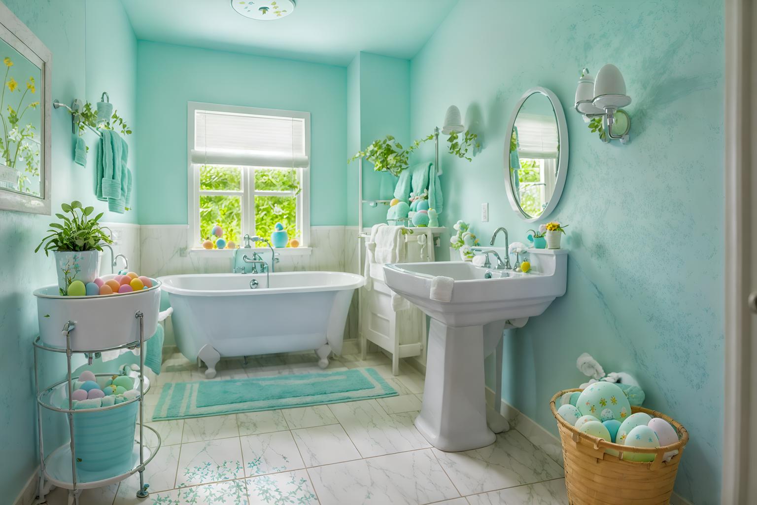 easter-style (bathroom interior) with shower and bathroom sink with faucet and waste basket and bathtub and bath rail and toilet seat and plant and mirror. . with light blue colors and easter decorations and colorful easter eggs and spring decorations and flowers on table and light blue colors. . cinematic photo, highly detailed, cinematic lighting, ultra-detailed, ultrarealistic, photorealism, 8k. easter interior design style. masterpiece, cinematic light, ultrarealistic+, photorealistic+, 8k, raw photo, realistic, sharp focus on eyes, (symmetrical eyes), (intact eyes), hyperrealistic, highest quality, best quality, , highly detailed, masterpiece, best quality, extremely detailed 8k wallpaper, masterpiece, best quality, ultra-detailed, best shadow, detailed background, detailed face, detailed eyes, high contrast, best illumination, detailed face, dulux, caustic, dynamic angle, detailed glow. dramatic lighting. highly detailed, insanely detailed hair, symmetrical, intricate details, professionally retouched, 8k high definition. strong bokeh. award winning photo.