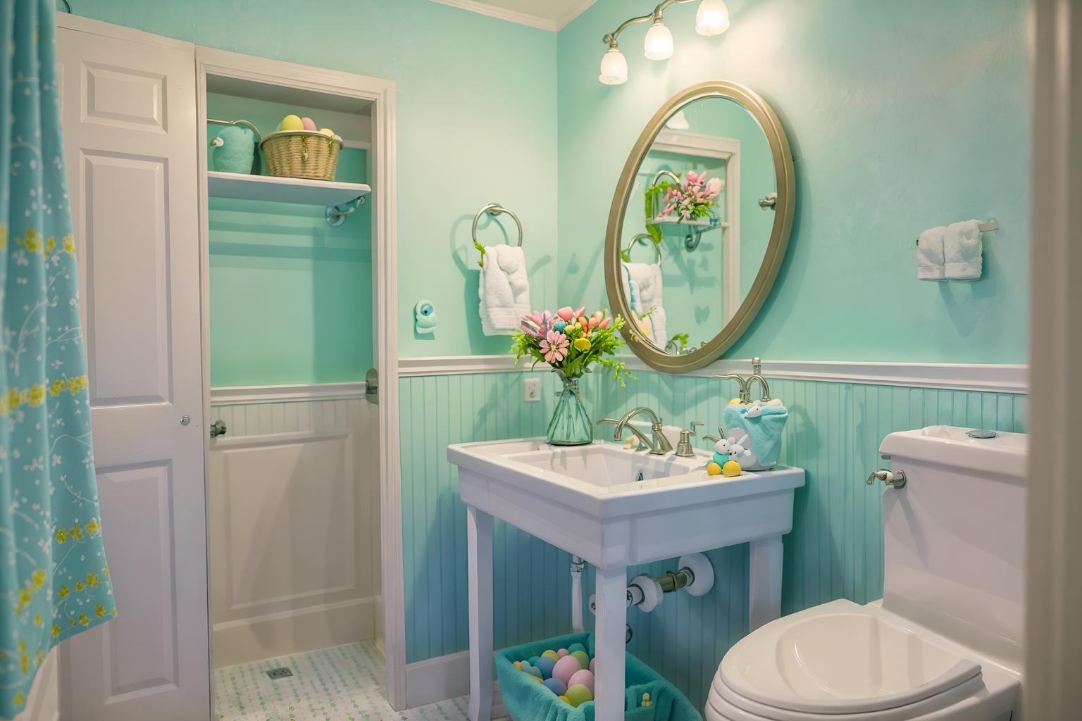 easter-style (bathroom interior) with shower and bathroom sink with faucet and waste basket and bathtub and bath rail and toilet seat and plant and mirror. . with light blue colors and easter decorations and colorful easter eggs and spring decorations and flowers on table and light blue colors. . cinematic photo, highly detailed, cinematic lighting, ultra-detailed, ultrarealistic, photorealism, 8k. easter interior design style. masterpiece, cinematic light, ultrarealistic+, photorealistic+, 8k, raw photo, realistic, sharp focus on eyes, (symmetrical eyes), (intact eyes), hyperrealistic, highest quality, best quality, , highly detailed, masterpiece, best quality, extremely detailed 8k wallpaper, masterpiece, best quality, ultra-detailed, best shadow, detailed background, detailed face, detailed eyes, high contrast, best illumination, detailed face, dulux, caustic, dynamic angle, detailed glow. dramatic lighting. highly detailed, insanely detailed hair, symmetrical, intricate details, professionally retouched, 8k high definition. strong bokeh. award winning photo.