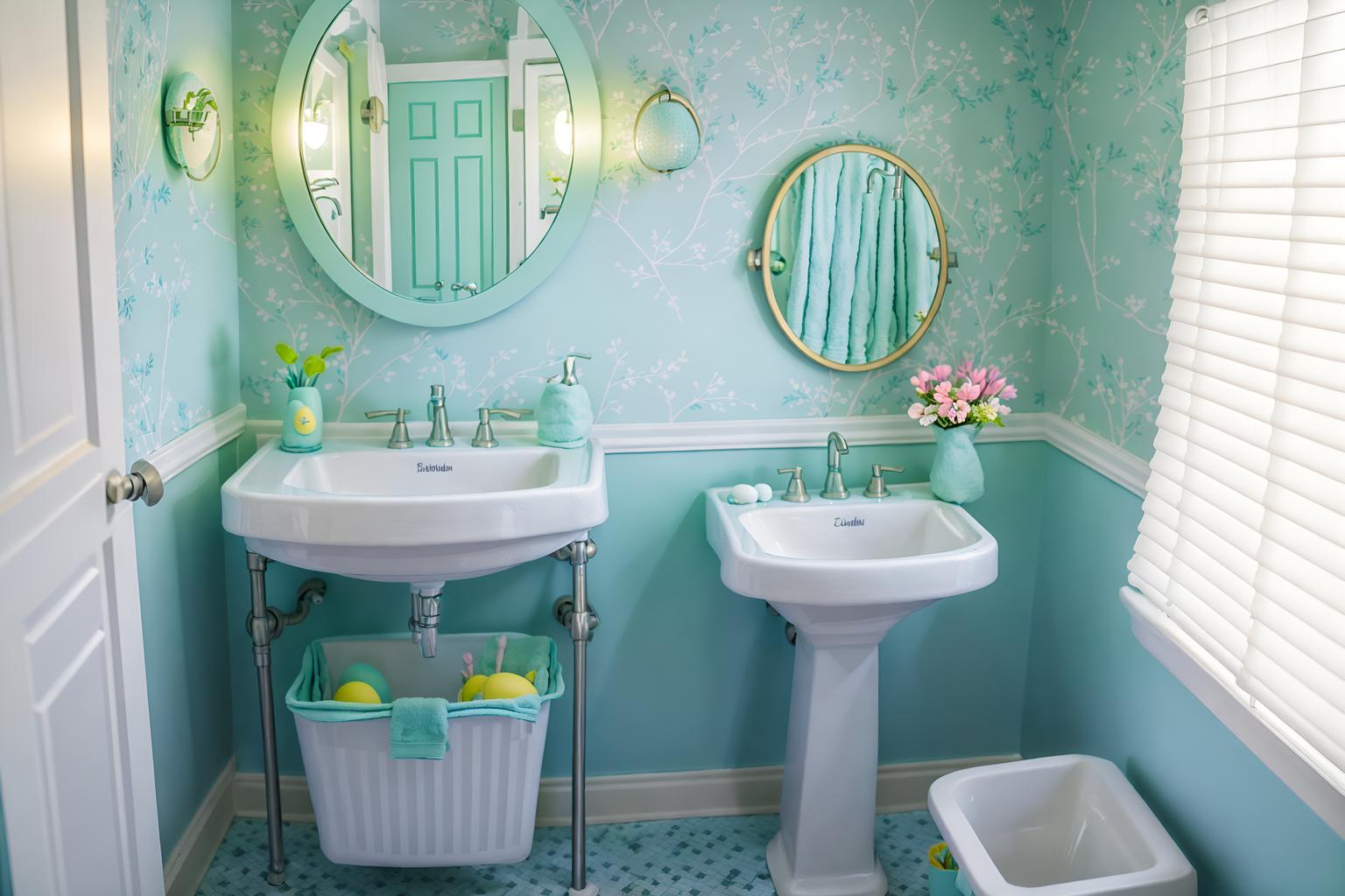 easter-style (bathroom interior) with shower and bathroom sink with faucet and waste basket and bathtub and bath rail and toilet seat and plant and mirror. . with light blue colors and easter decorations and colorful easter eggs and spring decorations and flowers on table and light blue colors. . cinematic photo, highly detailed, cinematic lighting, ultra-detailed, ultrarealistic, photorealism, 8k. easter interior design style. masterpiece, cinematic light, ultrarealistic+, photorealistic+, 8k, raw photo, realistic, sharp focus on eyes, (symmetrical eyes), (intact eyes), hyperrealistic, highest quality, best quality, , highly detailed, masterpiece, best quality, extremely detailed 8k wallpaper, masterpiece, best quality, ultra-detailed, best shadow, detailed background, detailed face, detailed eyes, high contrast, best illumination, detailed face, dulux, caustic, dynamic angle, detailed glow. dramatic lighting. highly detailed, insanely detailed hair, symmetrical, intricate details, professionally retouched, 8k high definition. strong bokeh. award winning photo.