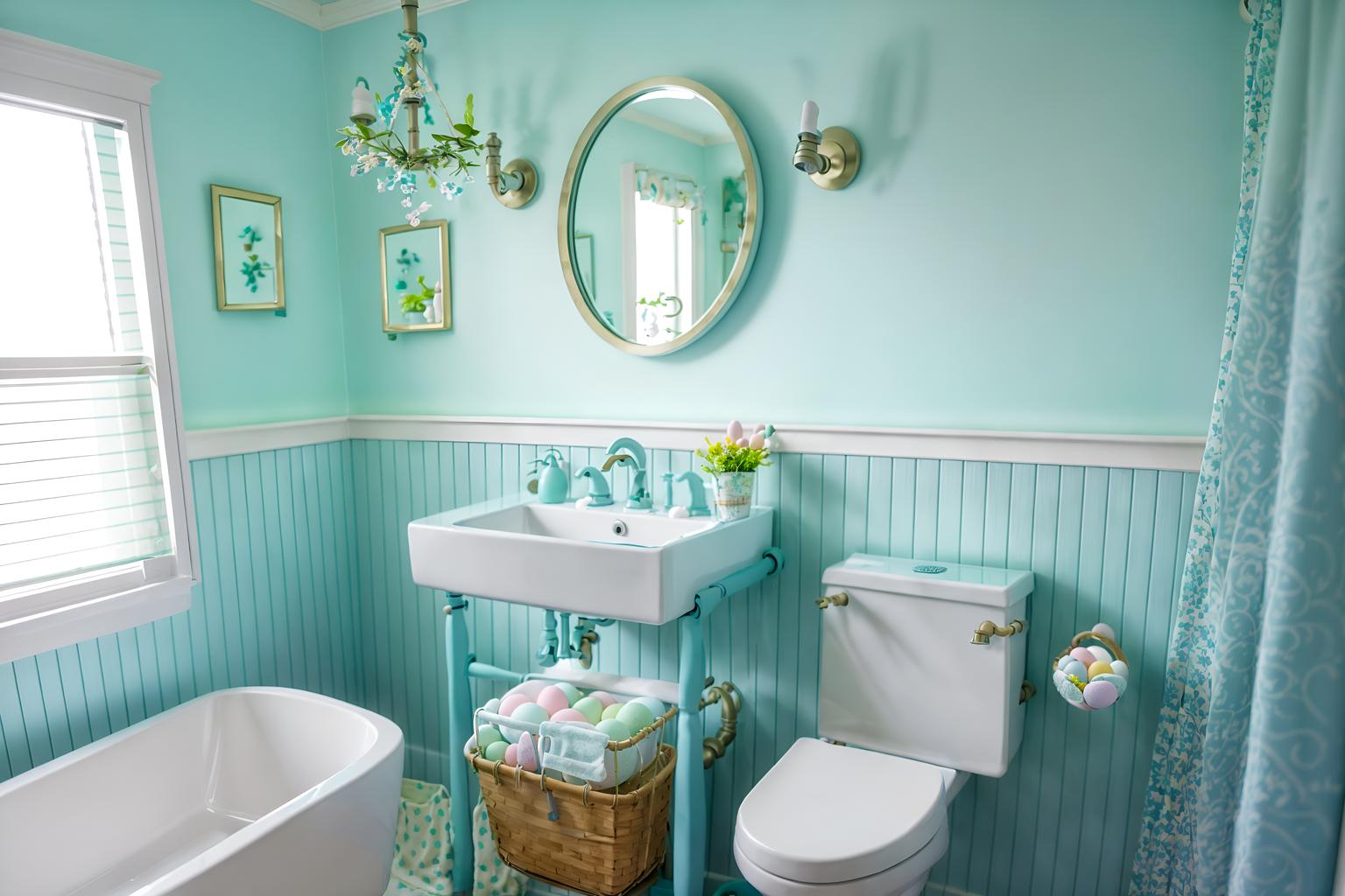 easter-style (bathroom interior) with shower and bathroom sink with faucet and waste basket and bathtub and bath rail and toilet seat and plant and mirror. . with light blue colors and easter decorations and colorful easter eggs and spring decorations and flowers on table and light blue colors. . cinematic photo, highly detailed, cinematic lighting, ultra-detailed, ultrarealistic, photorealism, 8k. easter interior design style. masterpiece, cinematic light, ultrarealistic+, photorealistic+, 8k, raw photo, realistic, sharp focus on eyes, (symmetrical eyes), (intact eyes), hyperrealistic, highest quality, best quality, , highly detailed, masterpiece, best quality, extremely detailed 8k wallpaper, masterpiece, best quality, ultra-detailed, best shadow, detailed background, detailed face, detailed eyes, high contrast, best illumination, detailed face, dulux, caustic, dynamic angle, detailed glow. dramatic lighting. highly detailed, insanely detailed hair, symmetrical, intricate details, professionally retouched, 8k high definition. strong bokeh. award winning photo.