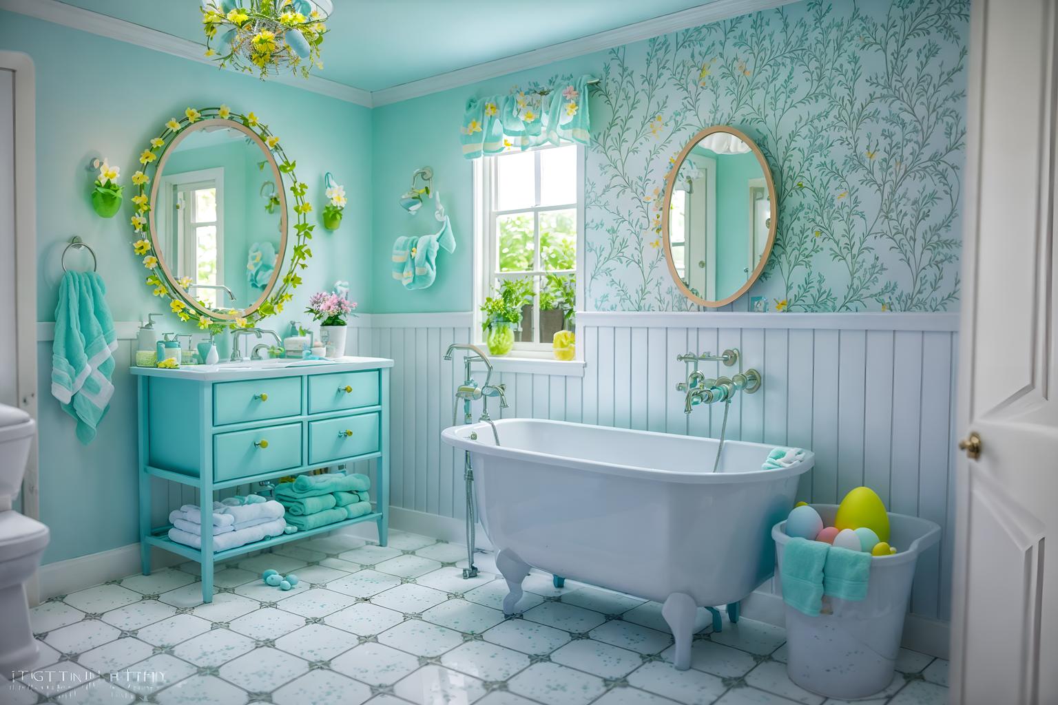 easter-style (bathroom interior) with shower and bathroom sink with faucet and waste basket and bathtub and bath rail and toilet seat and plant and mirror. . with light blue colors and easter decorations and colorful easter eggs and spring decorations and flowers on table and light blue colors. . cinematic photo, highly detailed, cinematic lighting, ultra-detailed, ultrarealistic, photorealism, 8k. easter interior design style. masterpiece, cinematic light, ultrarealistic+, photorealistic+, 8k, raw photo, realistic, sharp focus on eyes, (symmetrical eyes), (intact eyes), hyperrealistic, highest quality, best quality, , highly detailed, masterpiece, best quality, extremely detailed 8k wallpaper, masterpiece, best quality, ultra-detailed, best shadow, detailed background, detailed face, detailed eyes, high contrast, best illumination, detailed face, dulux, caustic, dynamic angle, detailed glow. dramatic lighting. highly detailed, insanely detailed hair, symmetrical, intricate details, professionally retouched, 8k high definition. strong bokeh. award winning photo.