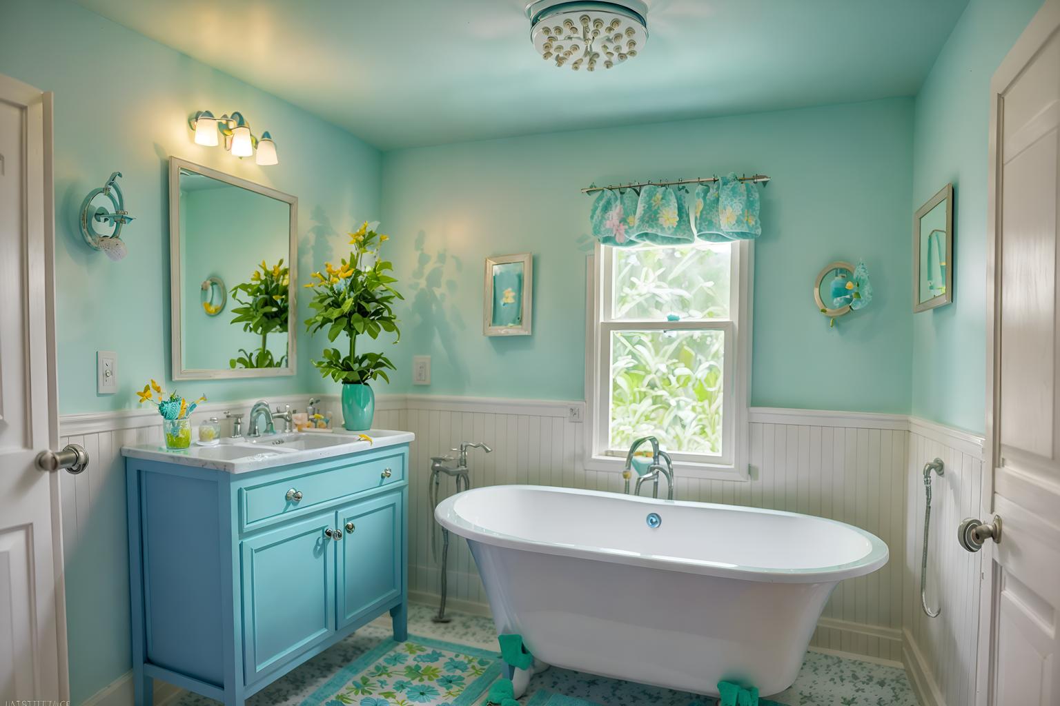 easter-style (bathroom interior) with shower and bathroom sink with faucet and waste basket and bathtub and bath rail and toilet seat and plant and mirror. . with light blue colors and easter decorations and colorful easter eggs and spring decorations and flowers on table and light blue colors. . cinematic photo, highly detailed, cinematic lighting, ultra-detailed, ultrarealistic, photorealism, 8k. easter interior design style. masterpiece, cinematic light, ultrarealistic+, photorealistic+, 8k, raw photo, realistic, sharp focus on eyes, (symmetrical eyes), (intact eyes), hyperrealistic, highest quality, best quality, , highly detailed, masterpiece, best quality, extremely detailed 8k wallpaper, masterpiece, best quality, ultra-detailed, best shadow, detailed background, detailed face, detailed eyes, high contrast, best illumination, detailed face, dulux, caustic, dynamic angle, detailed glow. dramatic lighting. highly detailed, insanely detailed hair, symmetrical, intricate details, professionally retouched, 8k high definition. strong bokeh. award winning photo.