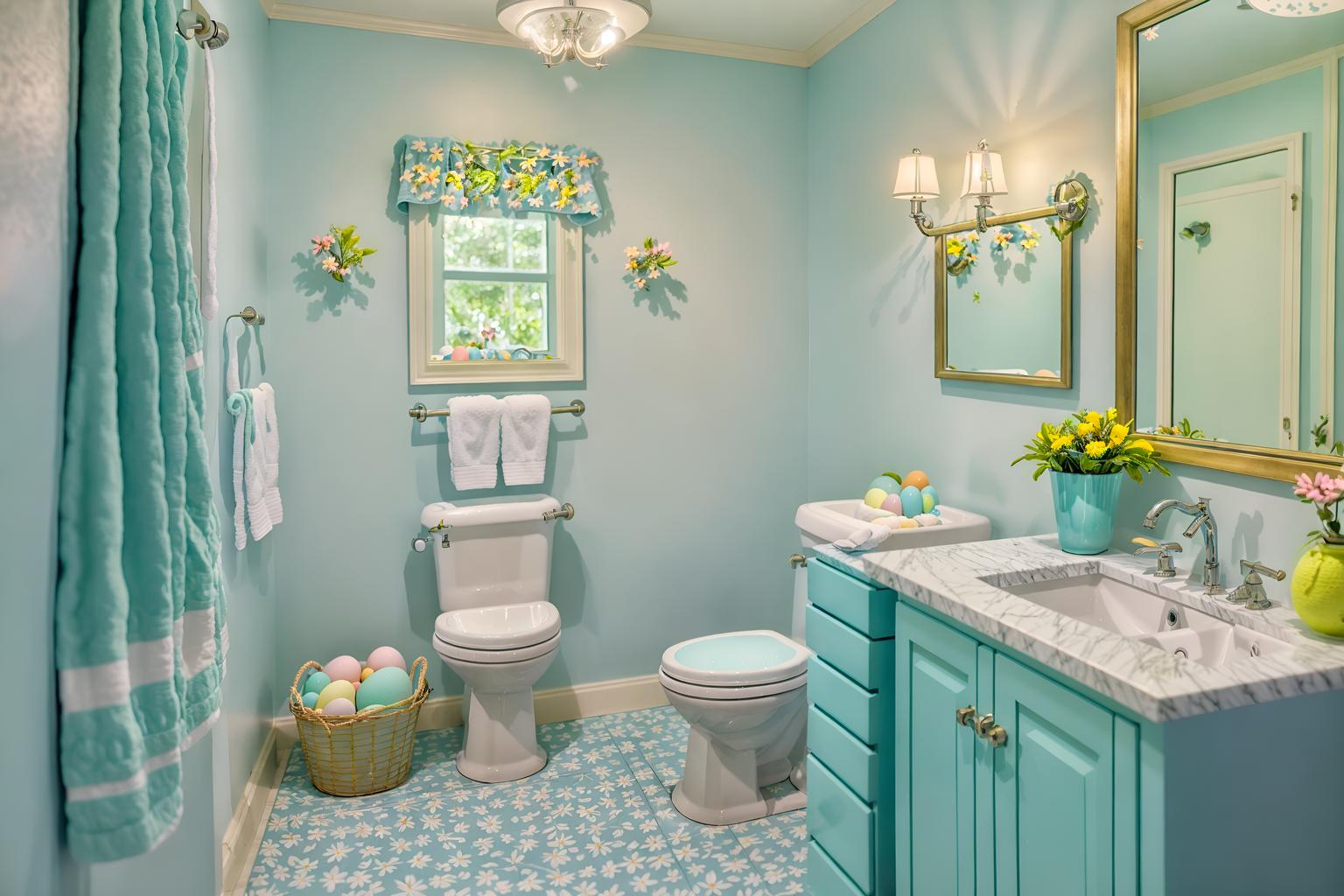 easter-style (bathroom interior) with shower and bathroom sink with faucet and waste basket and bathtub and bath rail and toilet seat and plant and mirror. . with light blue colors and easter decorations and colorful easter eggs and spring decorations and flowers on table and light blue colors. . cinematic photo, highly detailed, cinematic lighting, ultra-detailed, ultrarealistic, photorealism, 8k. easter interior design style. masterpiece, cinematic light, ultrarealistic+, photorealistic+, 8k, raw photo, realistic, sharp focus on eyes, (symmetrical eyes), (intact eyes), hyperrealistic, highest quality, best quality, , highly detailed, masterpiece, best quality, extremely detailed 8k wallpaper, masterpiece, best quality, ultra-detailed, best shadow, detailed background, detailed face, detailed eyes, high contrast, best illumination, detailed face, dulux, caustic, dynamic angle, detailed glow. dramatic lighting. highly detailed, insanely detailed hair, symmetrical, intricate details, professionally retouched, 8k high definition. strong bokeh. award winning photo.