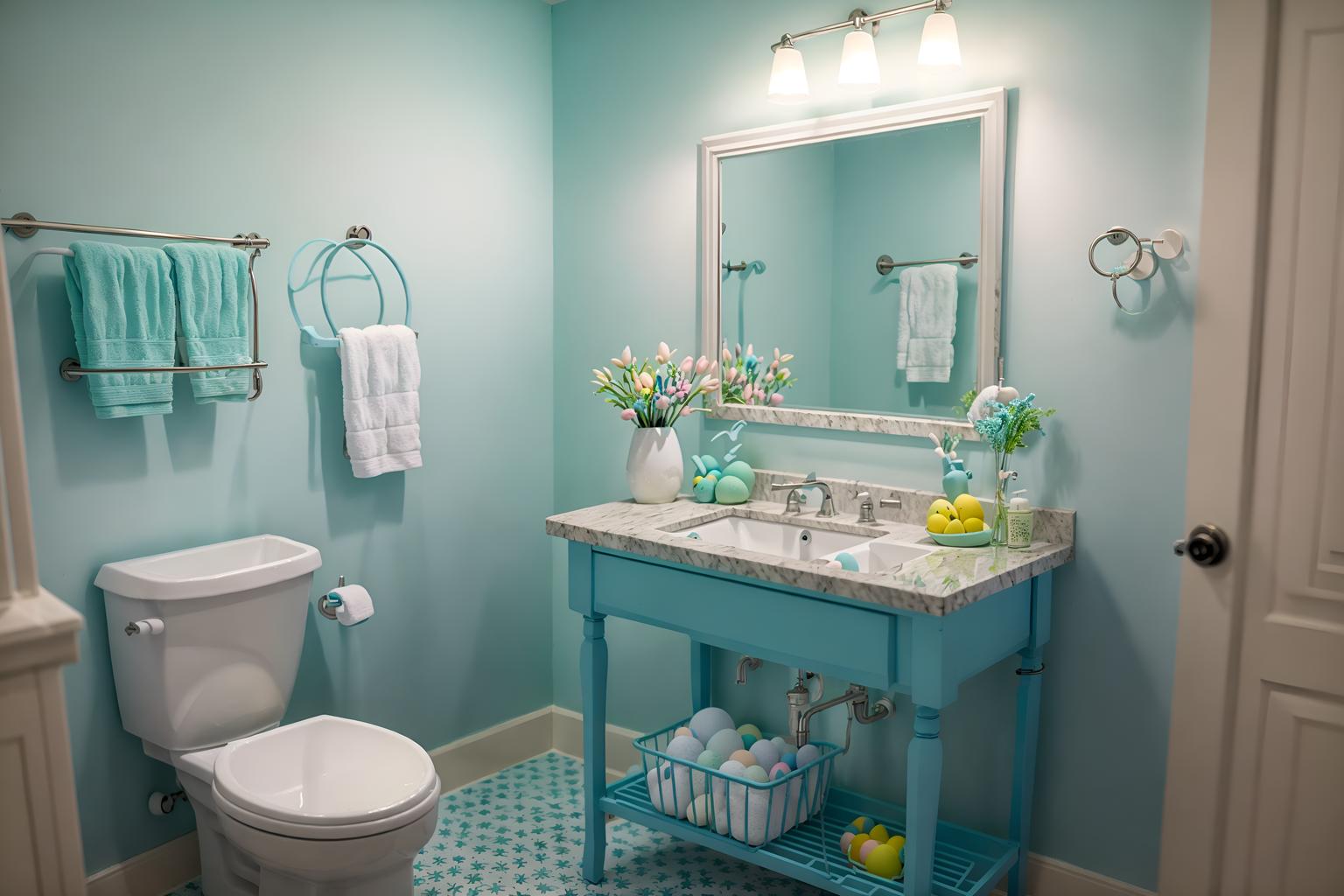 easter-style (bathroom interior) with shower and bathroom sink with faucet and waste basket and bathtub and bath rail and toilet seat and plant and mirror. . with light blue colors and easter decorations and colorful easter eggs and spring decorations and flowers on table and light blue colors. . cinematic photo, highly detailed, cinematic lighting, ultra-detailed, ultrarealistic, photorealism, 8k. easter interior design style. masterpiece, cinematic light, ultrarealistic+, photorealistic+, 8k, raw photo, realistic, sharp focus on eyes, (symmetrical eyes), (intact eyes), hyperrealistic, highest quality, best quality, , highly detailed, masterpiece, best quality, extremely detailed 8k wallpaper, masterpiece, best quality, ultra-detailed, best shadow, detailed background, detailed face, detailed eyes, high contrast, best illumination, detailed face, dulux, caustic, dynamic angle, detailed glow. dramatic lighting. highly detailed, insanely detailed hair, symmetrical, intricate details, professionally retouched, 8k high definition. strong bokeh. award winning photo.