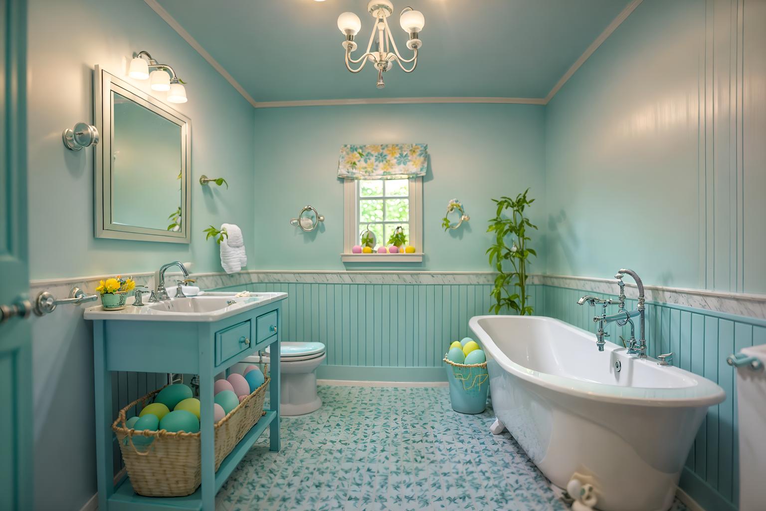 easter-style (bathroom interior) with shower and bathroom sink with faucet and waste basket and bathtub and bath rail and toilet seat and plant and mirror. . with light blue colors and easter decorations and colorful easter eggs and spring decorations and flowers on table and light blue colors. . cinematic photo, highly detailed, cinematic lighting, ultra-detailed, ultrarealistic, photorealism, 8k. easter interior design style. masterpiece, cinematic light, ultrarealistic+, photorealistic+, 8k, raw photo, realistic, sharp focus on eyes, (symmetrical eyes), (intact eyes), hyperrealistic, highest quality, best quality, , highly detailed, masterpiece, best quality, extremely detailed 8k wallpaper, masterpiece, best quality, ultra-detailed, best shadow, detailed background, detailed face, detailed eyes, high contrast, best illumination, detailed face, dulux, caustic, dynamic angle, detailed glow. dramatic lighting. highly detailed, insanely detailed hair, symmetrical, intricate details, professionally retouched, 8k high definition. strong bokeh. award winning photo.