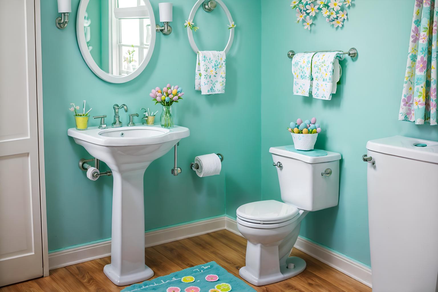 easter-style (toilet interior) with sink with tap and toilet paper hanger and toilet with toilet seat up and sink with tap. . with flowers on table and colorful easter eggs and light blue colors and easter decorations and spring decorations and flowers on table. . cinematic photo, highly detailed, cinematic lighting, ultra-detailed, ultrarealistic, photorealism, 8k. easter interior design style. masterpiece, cinematic light, ultrarealistic+, photorealistic+, 8k, raw photo, realistic, sharp focus on eyes, (symmetrical eyes), (intact eyes), hyperrealistic, highest quality, best quality, , highly detailed, masterpiece, best quality, extremely detailed 8k wallpaper, masterpiece, best quality, ultra-detailed, best shadow, detailed background, detailed face, detailed eyes, high contrast, best illumination, detailed face, dulux, caustic, dynamic angle, detailed glow. dramatic lighting. highly detailed, insanely detailed hair, symmetrical, intricate details, professionally retouched, 8k high definition. strong bokeh. award winning photo.