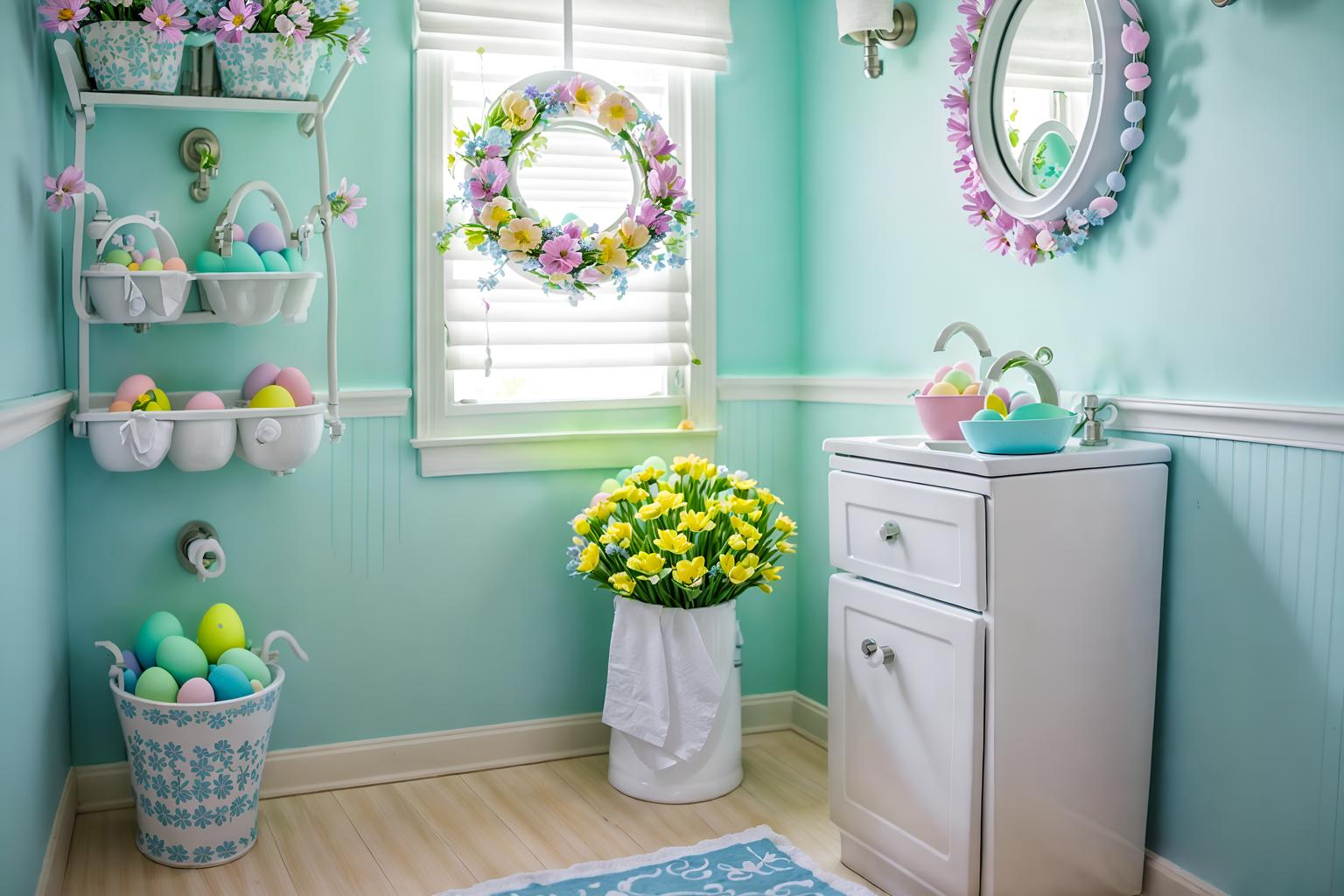 easter-style (toilet interior) with sink with tap and toilet paper hanger and toilet with toilet seat up and sink with tap. . with flowers on table and colorful easter eggs and light blue colors and easter decorations and spring decorations and flowers on table. . cinematic photo, highly detailed, cinematic lighting, ultra-detailed, ultrarealistic, photorealism, 8k. easter interior design style. masterpiece, cinematic light, ultrarealistic+, photorealistic+, 8k, raw photo, realistic, sharp focus on eyes, (symmetrical eyes), (intact eyes), hyperrealistic, highest quality, best quality, , highly detailed, masterpiece, best quality, extremely detailed 8k wallpaper, masterpiece, best quality, ultra-detailed, best shadow, detailed background, detailed face, detailed eyes, high contrast, best illumination, detailed face, dulux, caustic, dynamic angle, detailed glow. dramatic lighting. highly detailed, insanely detailed hair, symmetrical, intricate details, professionally retouched, 8k high definition. strong bokeh. award winning photo.