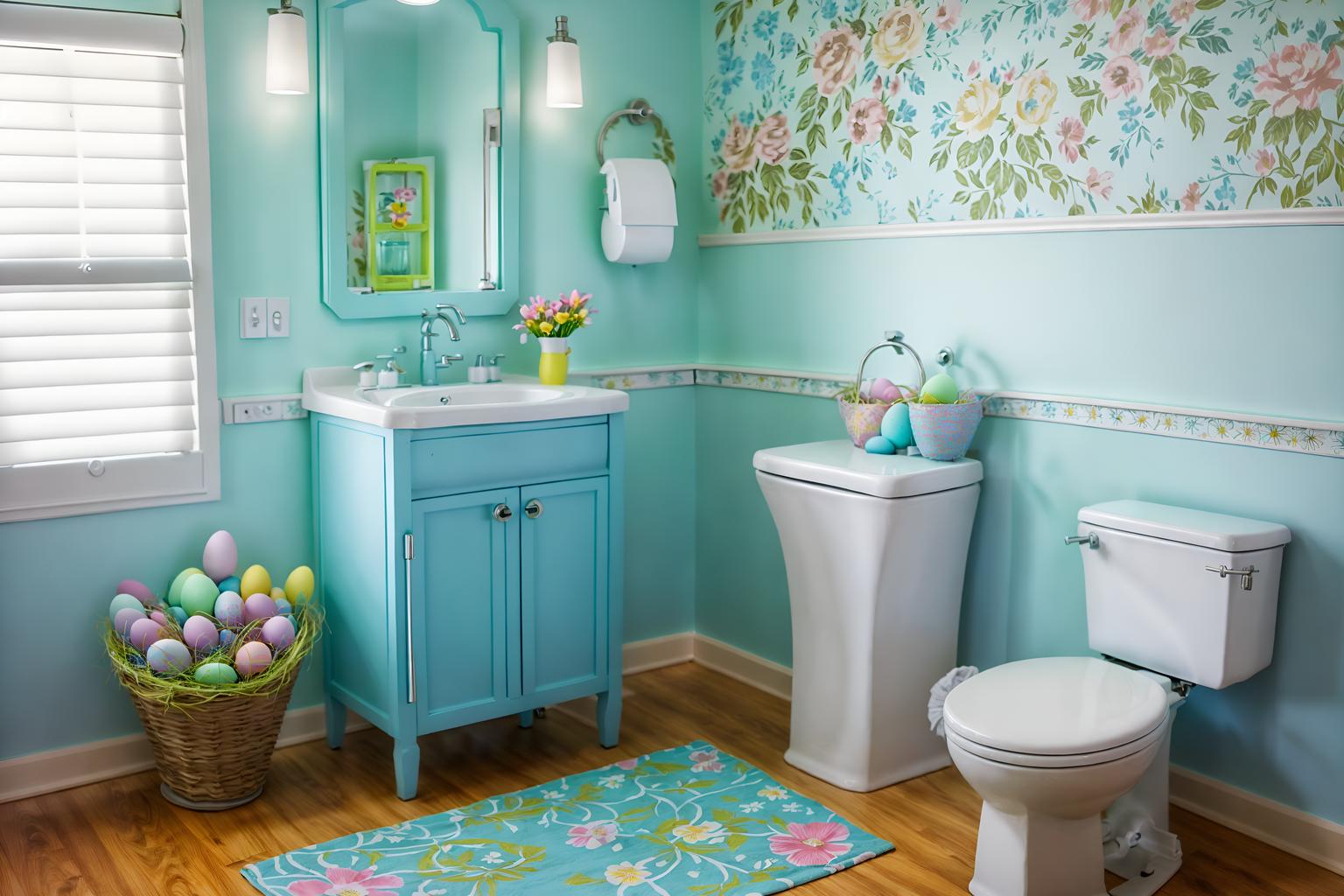 easter-style (toilet interior) with sink with tap and toilet paper hanger and toilet with toilet seat up and sink with tap. . with flowers on table and colorful easter eggs and light blue colors and easter decorations and spring decorations and flowers on table. . cinematic photo, highly detailed, cinematic lighting, ultra-detailed, ultrarealistic, photorealism, 8k. easter interior design style. masterpiece, cinematic light, ultrarealistic+, photorealistic+, 8k, raw photo, realistic, sharp focus on eyes, (symmetrical eyes), (intact eyes), hyperrealistic, highest quality, best quality, , highly detailed, masterpiece, best quality, extremely detailed 8k wallpaper, masterpiece, best quality, ultra-detailed, best shadow, detailed background, detailed face, detailed eyes, high contrast, best illumination, detailed face, dulux, caustic, dynamic angle, detailed glow. dramatic lighting. highly detailed, insanely detailed hair, symmetrical, intricate details, professionally retouched, 8k high definition. strong bokeh. award winning photo.
