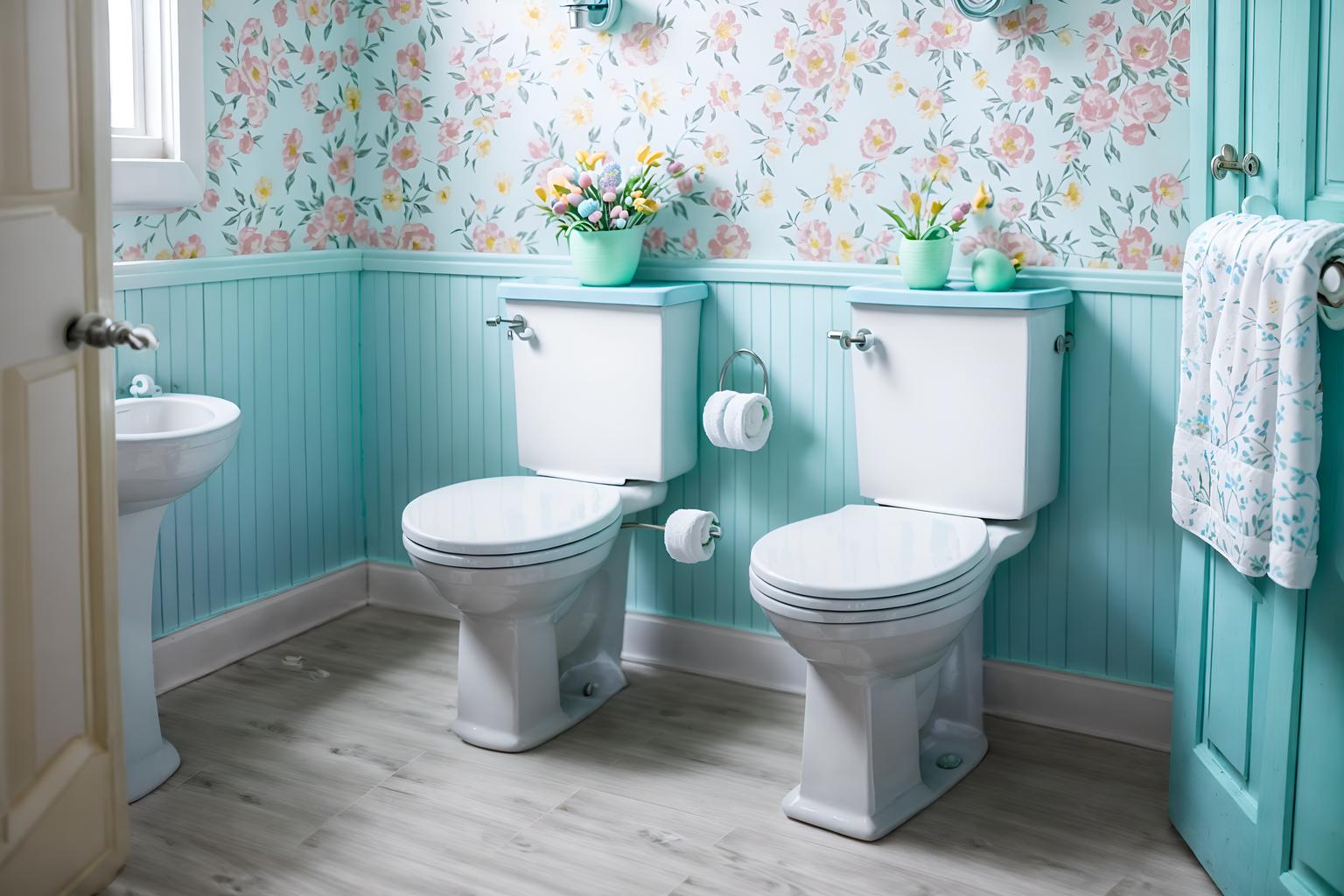 easter-style (toilet interior) with sink with tap and toilet paper hanger and toilet with toilet seat up and sink with tap. . with flowers on table and colorful easter eggs and light blue colors and easter decorations and spring decorations and flowers on table. . cinematic photo, highly detailed, cinematic lighting, ultra-detailed, ultrarealistic, photorealism, 8k. easter interior design style. masterpiece, cinematic light, ultrarealistic+, photorealistic+, 8k, raw photo, realistic, sharp focus on eyes, (symmetrical eyes), (intact eyes), hyperrealistic, highest quality, best quality, , highly detailed, masterpiece, best quality, extremely detailed 8k wallpaper, masterpiece, best quality, ultra-detailed, best shadow, detailed background, detailed face, detailed eyes, high contrast, best illumination, detailed face, dulux, caustic, dynamic angle, detailed glow. dramatic lighting. highly detailed, insanely detailed hair, symmetrical, intricate details, professionally retouched, 8k high definition. strong bokeh. award winning photo.