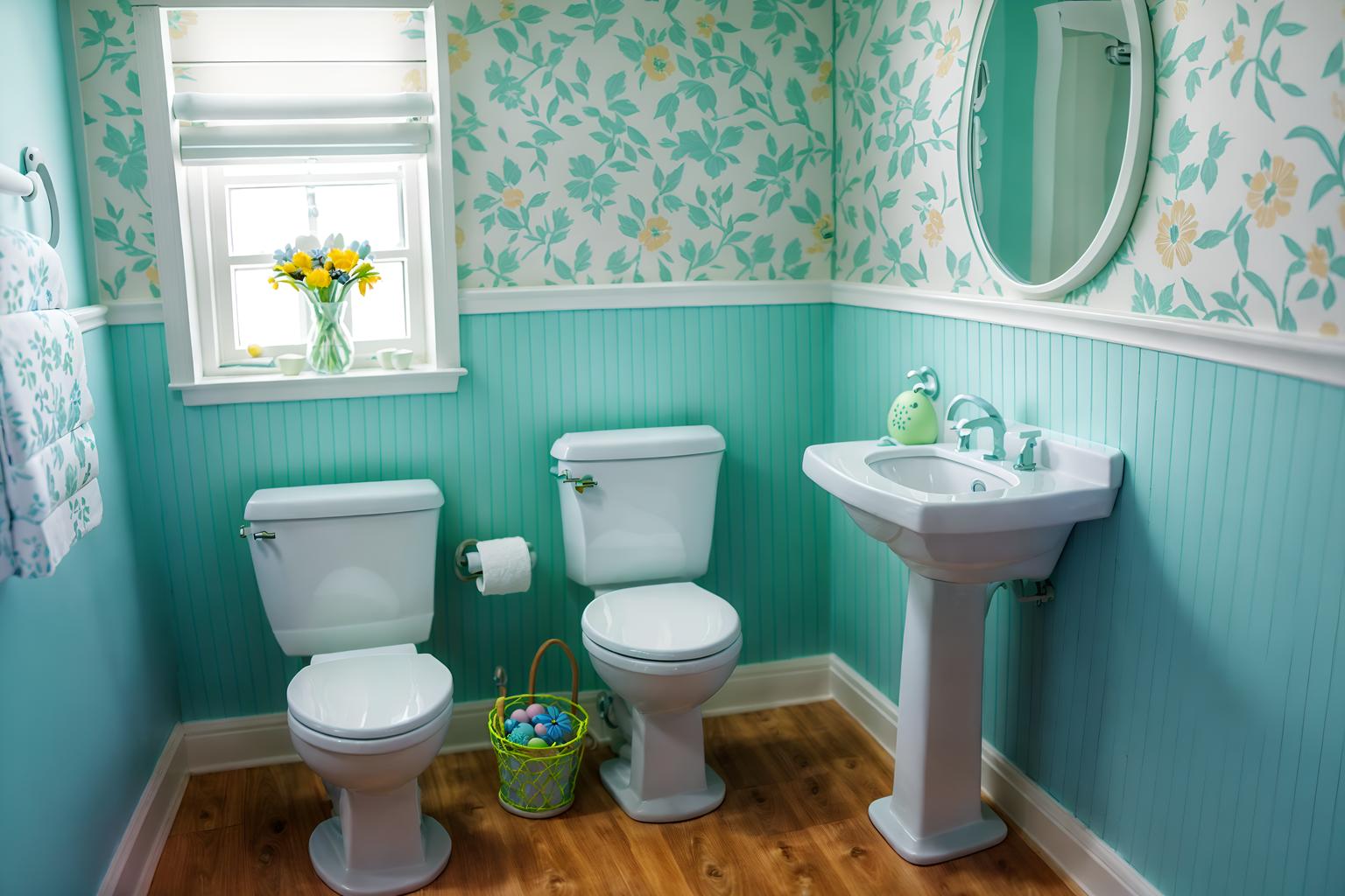 easter-style (toilet interior) with sink with tap and toilet paper hanger and toilet with toilet seat up and sink with tap. . with flowers on table and colorful easter eggs and light blue colors and easter decorations and spring decorations and flowers on table. . cinematic photo, highly detailed, cinematic lighting, ultra-detailed, ultrarealistic, photorealism, 8k. easter interior design style. masterpiece, cinematic light, ultrarealistic+, photorealistic+, 8k, raw photo, realistic, sharp focus on eyes, (symmetrical eyes), (intact eyes), hyperrealistic, highest quality, best quality, , highly detailed, masterpiece, best quality, extremely detailed 8k wallpaper, masterpiece, best quality, ultra-detailed, best shadow, detailed background, detailed face, detailed eyes, high contrast, best illumination, detailed face, dulux, caustic, dynamic angle, detailed glow. dramatic lighting. highly detailed, insanely detailed hair, symmetrical, intricate details, professionally retouched, 8k high definition. strong bokeh. award winning photo.