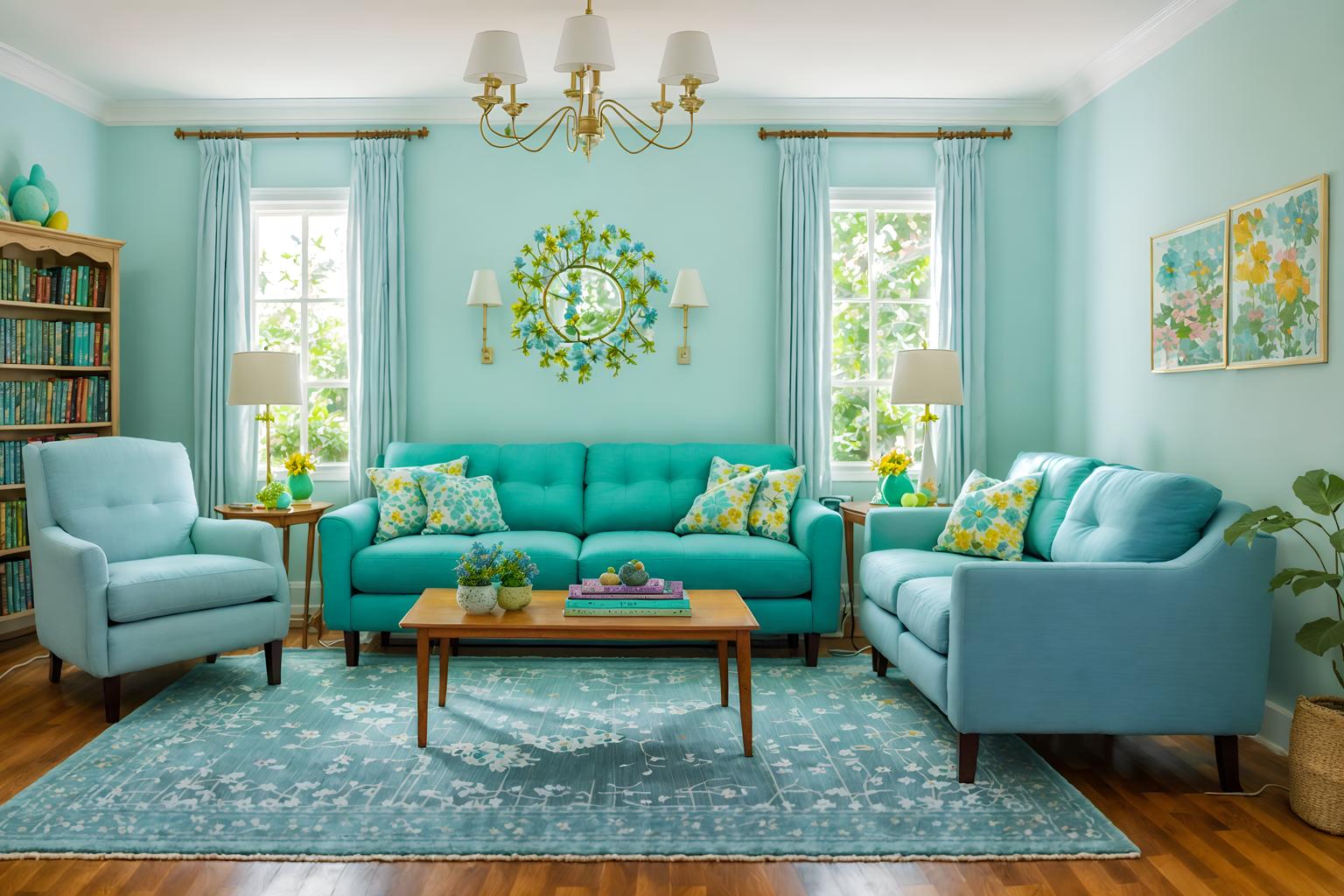 easter-style (living room interior) with rug and electric lamps and sofa and furniture and bookshelves and televisions and chairs and plant. . with light blue colors and flowers on table and spring decorations and easter decorations and colorful easter eggs and light blue colors. . cinematic photo, highly detailed, cinematic lighting, ultra-detailed, ultrarealistic, photorealism, 8k. easter interior design style. masterpiece, cinematic light, ultrarealistic+, photorealistic+, 8k, raw photo, realistic, sharp focus on eyes, (symmetrical eyes), (intact eyes), hyperrealistic, highest quality, best quality, , highly detailed, masterpiece, best quality, extremely detailed 8k wallpaper, masterpiece, best quality, ultra-detailed, best shadow, detailed background, detailed face, detailed eyes, high contrast, best illumination, detailed face, dulux, caustic, dynamic angle, detailed glow. dramatic lighting. highly detailed, insanely detailed hair, symmetrical, intricate details, professionally retouched, 8k high definition. strong bokeh. award winning photo.