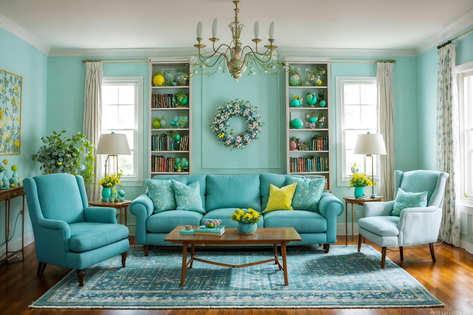 easter-style (living room interior) with rug and electric lamps and sofa and furniture and bookshelves and televisions and chairs and plant. . with light blue colors and flowers on table and spring decorations and easter decorations and colorful easter eggs and light blue colors. . cinematic photo, highly detailed, cinematic lighting, ultra-detailed, ultrarealistic, photorealism, 8k. easter interior design style. masterpiece, cinematic light, ultrarealistic+, photorealistic+, 8k, raw photo, realistic, sharp focus on eyes, (symmetrical eyes), (intact eyes), hyperrealistic, highest quality, best quality, , highly detailed, masterpiece, best quality, extremely detailed 8k wallpaper, masterpiece, best quality, ultra-detailed, best shadow, detailed background, detailed face, detailed eyes, high contrast, best illumination, detailed face, dulux, caustic, dynamic angle, detailed glow. dramatic lighting. highly detailed, insanely detailed hair, symmetrical, intricate details, professionally retouched, 8k high definition. strong bokeh. award winning photo.