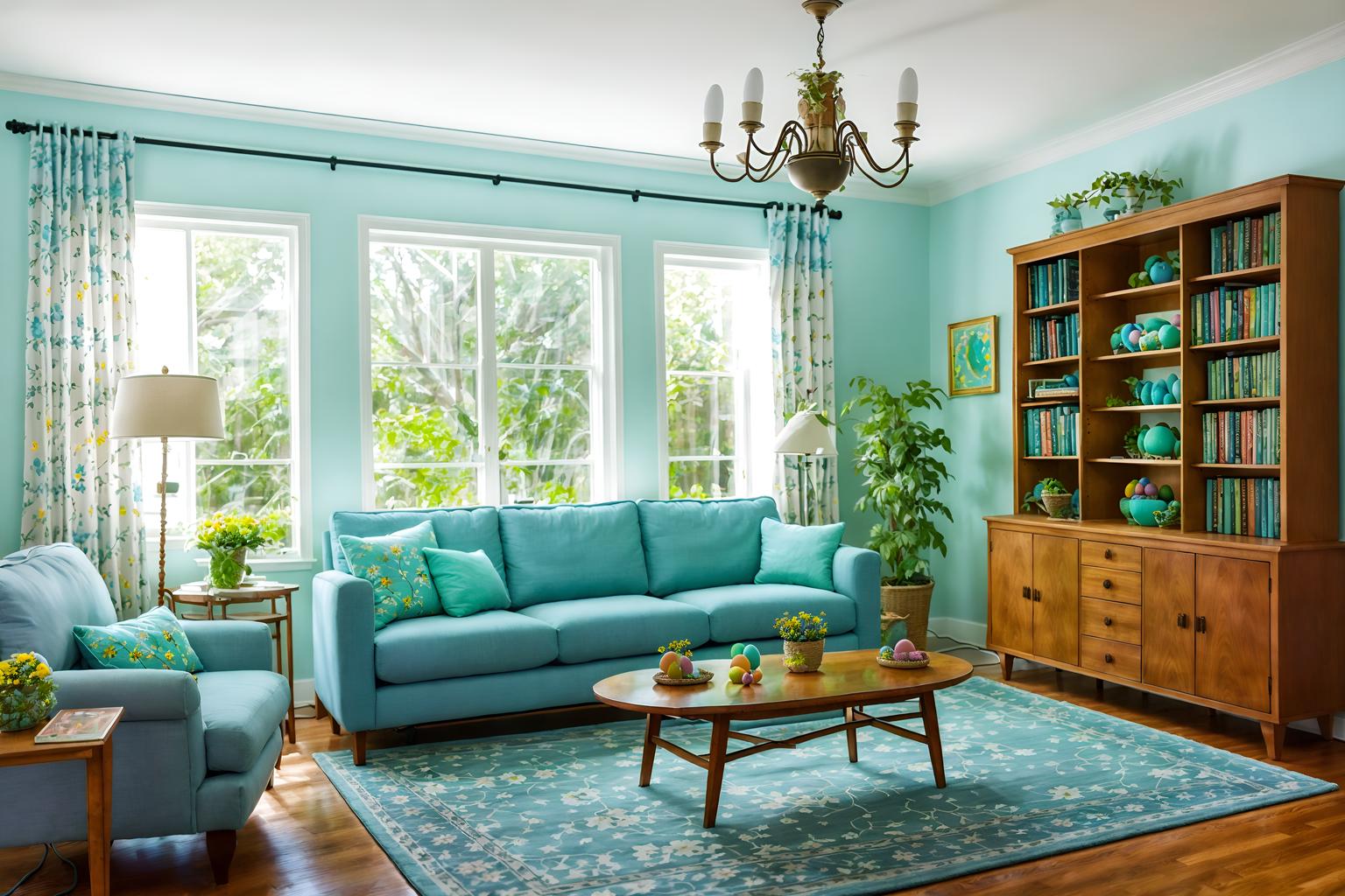 easter-style (living room interior) with rug and electric lamps and sofa and furniture and bookshelves and televisions and chairs and plant. . with light blue colors and flowers on table and spring decorations and easter decorations and colorful easter eggs and light blue colors. . cinematic photo, highly detailed, cinematic lighting, ultra-detailed, ultrarealistic, photorealism, 8k. easter interior design style. masterpiece, cinematic light, ultrarealistic+, photorealistic+, 8k, raw photo, realistic, sharp focus on eyes, (symmetrical eyes), (intact eyes), hyperrealistic, highest quality, best quality, , highly detailed, masterpiece, best quality, extremely detailed 8k wallpaper, masterpiece, best quality, ultra-detailed, best shadow, detailed background, detailed face, detailed eyes, high contrast, best illumination, detailed face, dulux, caustic, dynamic angle, detailed glow. dramatic lighting. highly detailed, insanely detailed hair, symmetrical, intricate details, professionally retouched, 8k high definition. strong bokeh. award winning photo.