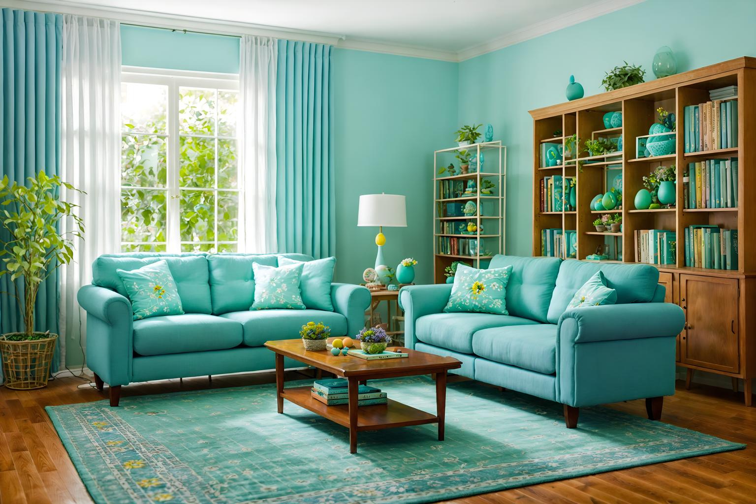 easter-style (living room interior) with rug and electric lamps and sofa and furniture and bookshelves and televisions and chairs and plant. . with light blue colors and flowers on table and spring decorations and easter decorations and colorful easter eggs and light blue colors. . cinematic photo, highly detailed, cinematic lighting, ultra-detailed, ultrarealistic, photorealism, 8k. easter interior design style. masterpiece, cinematic light, ultrarealistic+, photorealistic+, 8k, raw photo, realistic, sharp focus on eyes, (symmetrical eyes), (intact eyes), hyperrealistic, highest quality, best quality, , highly detailed, masterpiece, best quality, extremely detailed 8k wallpaper, masterpiece, best quality, ultra-detailed, best shadow, detailed background, detailed face, detailed eyes, high contrast, best illumination, detailed face, dulux, caustic, dynamic angle, detailed glow. dramatic lighting. highly detailed, insanely detailed hair, symmetrical, intricate details, professionally retouched, 8k high definition. strong bokeh. award winning photo.