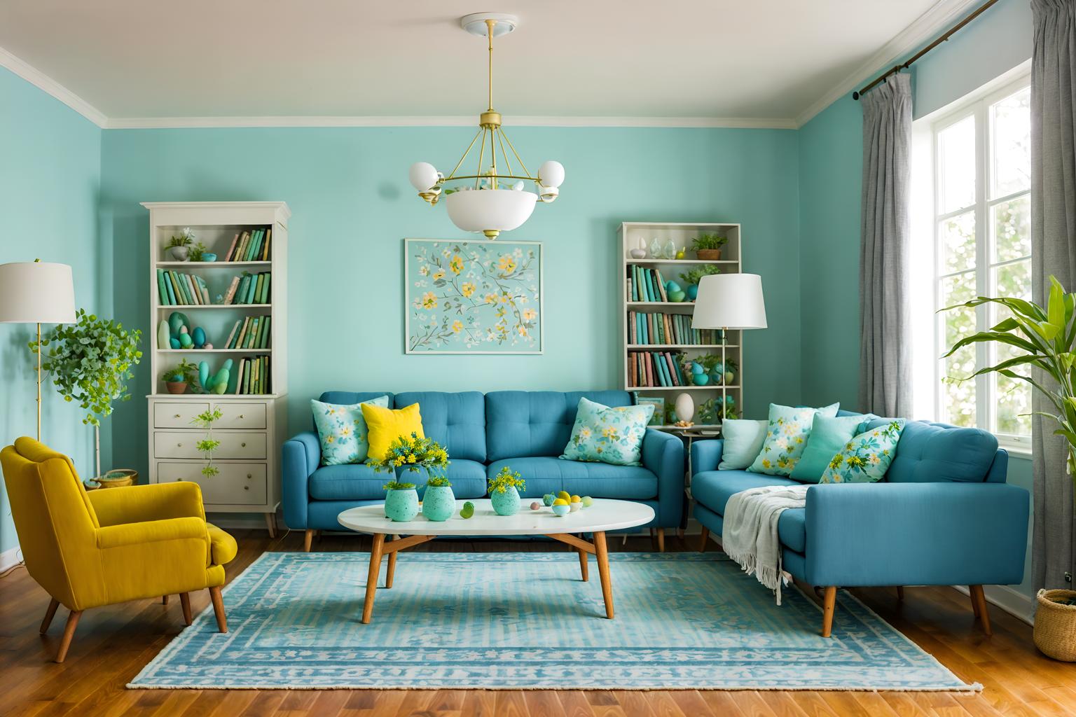 easter-style (living room interior) with rug and electric lamps and sofa and furniture and bookshelves and televisions and chairs and plant. . with light blue colors and flowers on table and spring decorations and easter decorations and colorful easter eggs and light blue colors. . cinematic photo, highly detailed, cinematic lighting, ultra-detailed, ultrarealistic, photorealism, 8k. easter interior design style. masterpiece, cinematic light, ultrarealistic+, photorealistic+, 8k, raw photo, realistic, sharp focus on eyes, (symmetrical eyes), (intact eyes), hyperrealistic, highest quality, best quality, , highly detailed, masterpiece, best quality, extremely detailed 8k wallpaper, masterpiece, best quality, ultra-detailed, best shadow, detailed background, detailed face, detailed eyes, high contrast, best illumination, detailed face, dulux, caustic, dynamic angle, detailed glow. dramatic lighting. highly detailed, insanely detailed hair, symmetrical, intricate details, professionally retouched, 8k high definition. strong bokeh. award winning photo.