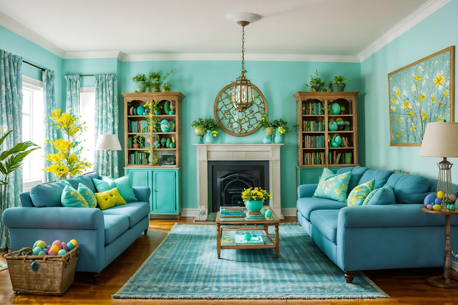 easter-style (living room interior) with rug and electric lamps and sofa and furniture and bookshelves and televisions and chairs and plant. . with light blue colors and flowers on table and spring decorations and easter decorations and colorful easter eggs and light blue colors. . cinematic photo, highly detailed, cinematic lighting, ultra-detailed, ultrarealistic, photorealism, 8k. easter interior design style. masterpiece, cinematic light, ultrarealistic+, photorealistic+, 8k, raw photo, realistic, sharp focus on eyes, (symmetrical eyes), (intact eyes), hyperrealistic, highest quality, best quality, , highly detailed, masterpiece, best quality, extremely detailed 8k wallpaper, masterpiece, best quality, ultra-detailed, best shadow, detailed background, detailed face, detailed eyes, high contrast, best illumination, detailed face, dulux, caustic, dynamic angle, detailed glow. dramatic lighting. highly detailed, insanely detailed hair, symmetrical, intricate details, professionally retouched, 8k high definition. strong bokeh. award winning photo.