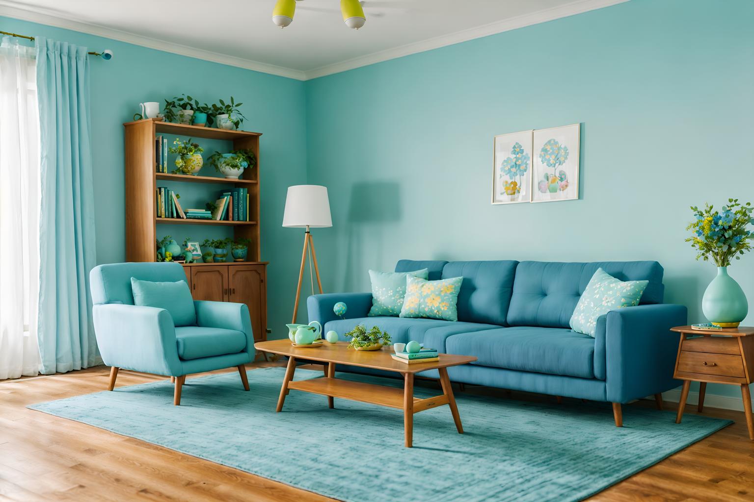 easter-style (living room interior) with rug and electric lamps and sofa and furniture and bookshelves and televisions and chairs and plant. . with light blue colors and flowers on table and spring decorations and easter decorations and colorful easter eggs and light blue colors. . cinematic photo, highly detailed, cinematic lighting, ultra-detailed, ultrarealistic, photorealism, 8k. easter interior design style. masterpiece, cinematic light, ultrarealistic+, photorealistic+, 8k, raw photo, realistic, sharp focus on eyes, (symmetrical eyes), (intact eyes), hyperrealistic, highest quality, best quality, , highly detailed, masterpiece, best quality, extremely detailed 8k wallpaper, masterpiece, best quality, ultra-detailed, best shadow, detailed background, detailed face, detailed eyes, high contrast, best illumination, detailed face, dulux, caustic, dynamic angle, detailed glow. dramatic lighting. highly detailed, insanely detailed hair, symmetrical, intricate details, professionally retouched, 8k high definition. strong bokeh. award winning photo.