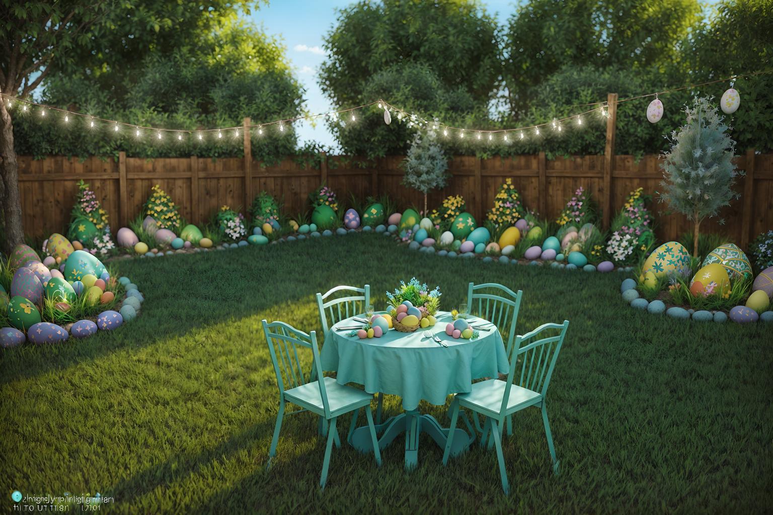 easter-style designed (outdoor garden ) with grass and garden plants and garden tree and grass. . with light blue colors and spring decorations and easter decorations and colorful easter eggs and flowers on table and light blue colors. . cinematic photo, highly detailed, cinematic lighting, ultra-detailed, ultrarealistic, photorealism, 8k. easter design style. masterpiece, cinematic light, ultrarealistic+, photorealistic+, 8k, raw photo, realistic, sharp focus on eyes, (symmetrical eyes), (intact eyes), hyperrealistic, highest quality, best quality, , highly detailed, masterpiece, best quality, extremely detailed 8k wallpaper, masterpiece, best quality, ultra-detailed, best shadow, detailed background, detailed face, detailed eyes, high contrast, best illumination, detailed face, dulux, caustic, dynamic angle, detailed glow. dramatic lighting. highly detailed, insanely detailed hair, symmetrical, intricate details, professionally retouched, 8k high definition. strong bokeh. award winning photo.