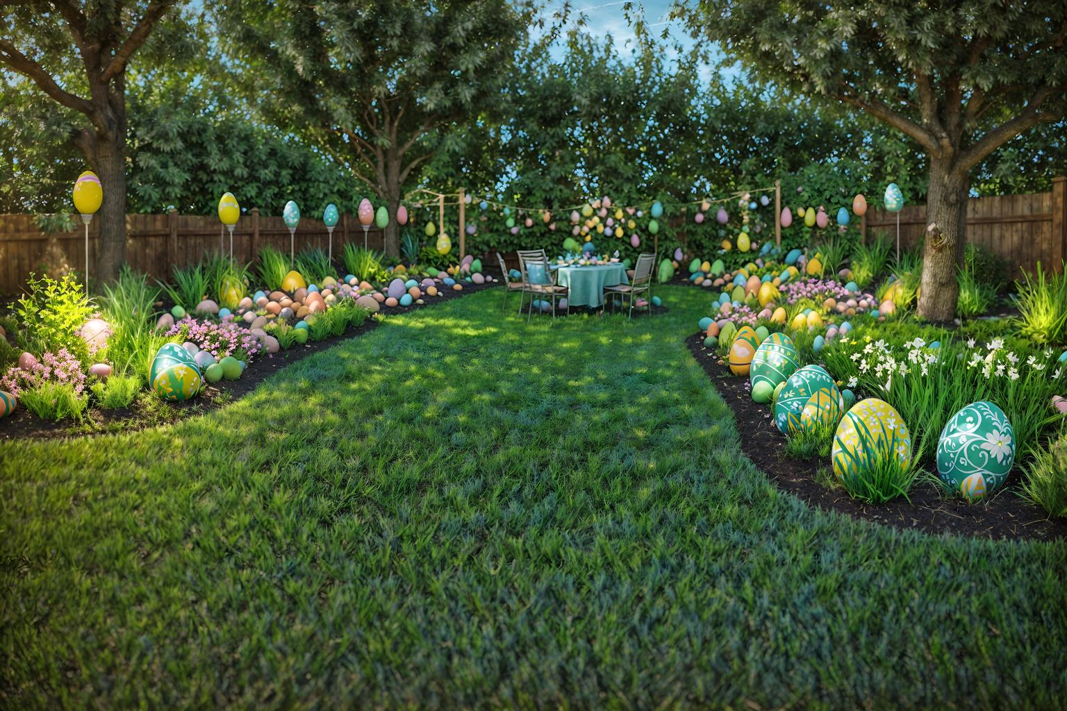 easter-style designed (outdoor garden ) with grass and garden plants and garden tree and grass. . with light blue colors and spring decorations and easter decorations and colorful easter eggs and flowers on table and light blue colors. . cinematic photo, highly detailed, cinematic lighting, ultra-detailed, ultrarealistic, photorealism, 8k. easter design style. masterpiece, cinematic light, ultrarealistic+, photorealistic+, 8k, raw photo, realistic, sharp focus on eyes, (symmetrical eyes), (intact eyes), hyperrealistic, highest quality, best quality, , highly detailed, masterpiece, best quality, extremely detailed 8k wallpaper, masterpiece, best quality, ultra-detailed, best shadow, detailed background, detailed face, detailed eyes, high contrast, best illumination, detailed face, dulux, caustic, dynamic angle, detailed glow. dramatic lighting. highly detailed, insanely detailed hair, symmetrical, intricate details, professionally retouched, 8k high definition. strong bokeh. award winning photo.