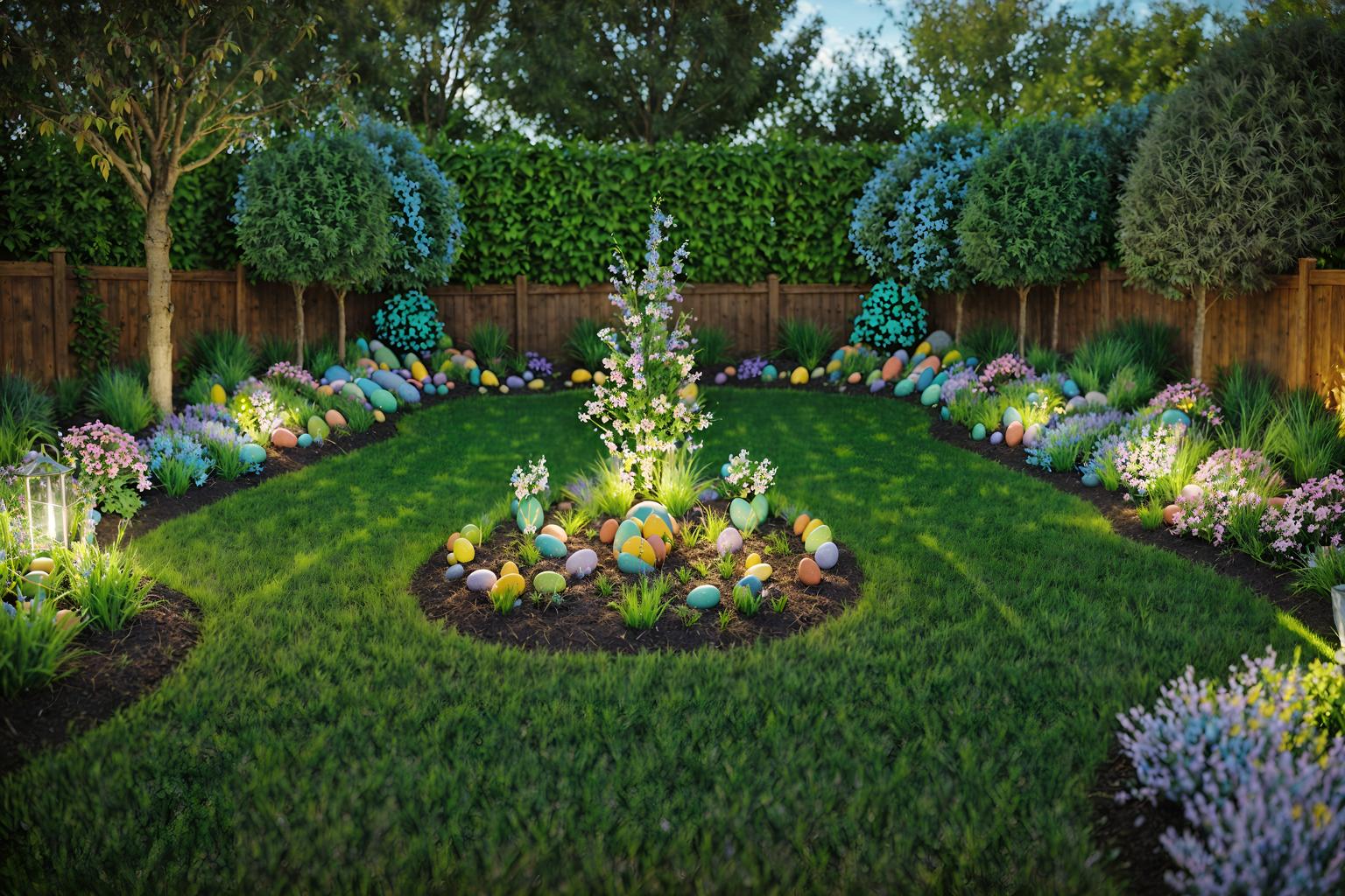 easter-style designed (outdoor garden ) with grass and garden plants and garden tree and grass. . with light blue colors and spring decorations and easter decorations and colorful easter eggs and flowers on table and light blue colors. . cinematic photo, highly detailed, cinematic lighting, ultra-detailed, ultrarealistic, photorealism, 8k. easter design style. masterpiece, cinematic light, ultrarealistic+, photorealistic+, 8k, raw photo, realistic, sharp focus on eyes, (symmetrical eyes), (intact eyes), hyperrealistic, highest quality, best quality, , highly detailed, masterpiece, best quality, extremely detailed 8k wallpaper, masterpiece, best quality, ultra-detailed, best shadow, detailed background, detailed face, detailed eyes, high contrast, best illumination, detailed face, dulux, caustic, dynamic angle, detailed glow. dramatic lighting. highly detailed, insanely detailed hair, symmetrical, intricate details, professionally retouched, 8k high definition. strong bokeh. award winning photo.