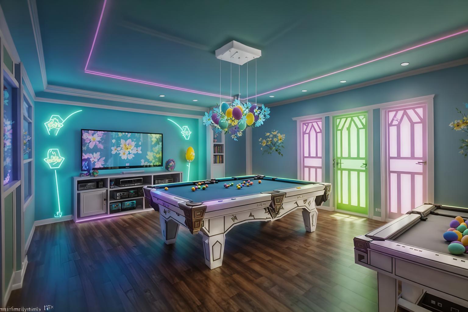 easter-style (gaming room interior) . with colorful easter eggs and light blue colors and easter decorations and flowers on table and spring decorations and colorful easter eggs. . cinematic photo, highly detailed, cinematic lighting, ultra-detailed, ultrarealistic, photorealism, 8k. easter interior design style. masterpiece, cinematic light, ultrarealistic+, photorealistic+, 8k, raw photo, realistic, sharp focus on eyes, (symmetrical eyes), (intact eyes), hyperrealistic, highest quality, best quality, , highly detailed, masterpiece, best quality, extremely detailed 8k wallpaper, masterpiece, best quality, ultra-detailed, best shadow, detailed background, detailed face, detailed eyes, high contrast, best illumination, detailed face, dulux, caustic, dynamic angle, detailed glow. dramatic lighting. highly detailed, insanely detailed hair, symmetrical, intricate details, professionally retouched, 8k high definition. strong bokeh. award winning photo.