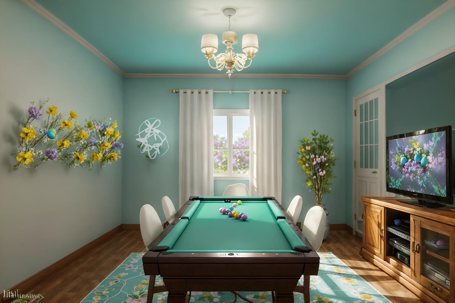 easter-style (gaming room interior) . with colorful easter eggs and light blue colors and easter decorations and flowers on table and spring decorations and colorful easter eggs. . cinematic photo, highly detailed, cinematic lighting, ultra-detailed, ultrarealistic, photorealism, 8k. easter interior design style. masterpiece, cinematic light, ultrarealistic+, photorealistic+, 8k, raw photo, realistic, sharp focus on eyes, (symmetrical eyes), (intact eyes), hyperrealistic, highest quality, best quality, , highly detailed, masterpiece, best quality, extremely detailed 8k wallpaper, masterpiece, best quality, ultra-detailed, best shadow, detailed background, detailed face, detailed eyes, high contrast, best illumination, detailed face, dulux, caustic, dynamic angle, detailed glow. dramatic lighting. highly detailed, insanely detailed hair, symmetrical, intricate details, professionally retouched, 8k high definition. strong bokeh. award winning photo.