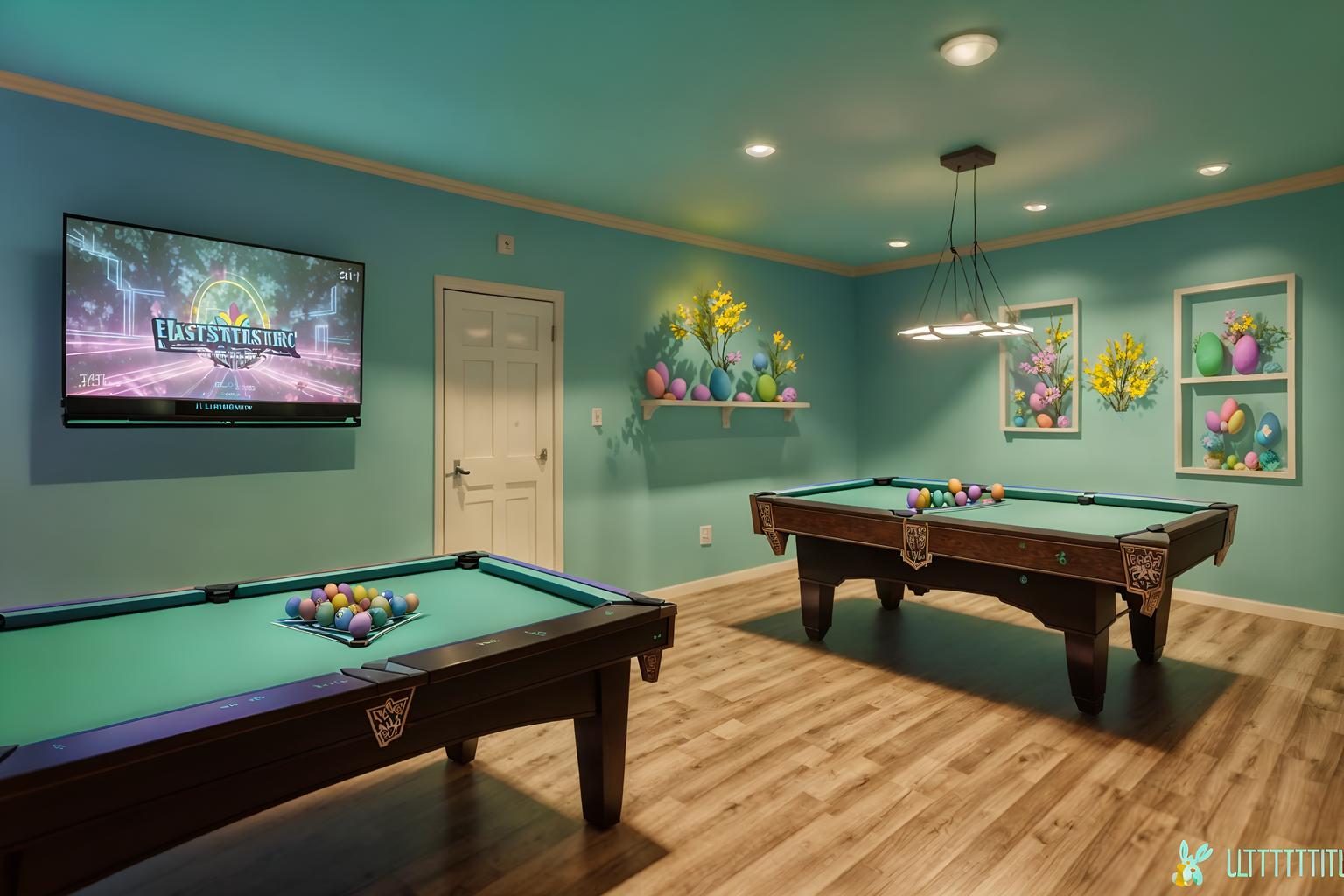 easter-style (gaming room interior) . with colorful easter eggs and light blue colors and easter decorations and flowers on table and spring decorations and colorful easter eggs. . cinematic photo, highly detailed, cinematic lighting, ultra-detailed, ultrarealistic, photorealism, 8k. easter interior design style. masterpiece, cinematic light, ultrarealistic+, photorealistic+, 8k, raw photo, realistic, sharp focus on eyes, (symmetrical eyes), (intact eyes), hyperrealistic, highest quality, best quality, , highly detailed, masterpiece, best quality, extremely detailed 8k wallpaper, masterpiece, best quality, ultra-detailed, best shadow, detailed background, detailed face, detailed eyes, high contrast, best illumination, detailed face, dulux, caustic, dynamic angle, detailed glow. dramatic lighting. highly detailed, insanely detailed hair, symmetrical, intricate details, professionally retouched, 8k high definition. strong bokeh. award winning photo.
