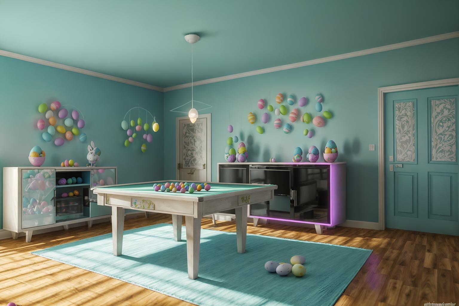 easter-style (gaming room interior) . with colorful easter eggs and light blue colors and easter decorations and flowers on table and spring decorations and colorful easter eggs. . cinematic photo, highly detailed, cinematic lighting, ultra-detailed, ultrarealistic, photorealism, 8k. easter interior design style. masterpiece, cinematic light, ultrarealistic+, photorealistic+, 8k, raw photo, realistic, sharp focus on eyes, (symmetrical eyes), (intact eyes), hyperrealistic, highest quality, best quality, , highly detailed, masterpiece, best quality, extremely detailed 8k wallpaper, masterpiece, best quality, ultra-detailed, best shadow, detailed background, detailed face, detailed eyes, high contrast, best illumination, detailed face, dulux, caustic, dynamic angle, detailed glow. dramatic lighting. highly detailed, insanely detailed hair, symmetrical, intricate details, professionally retouched, 8k high definition. strong bokeh. award winning photo.