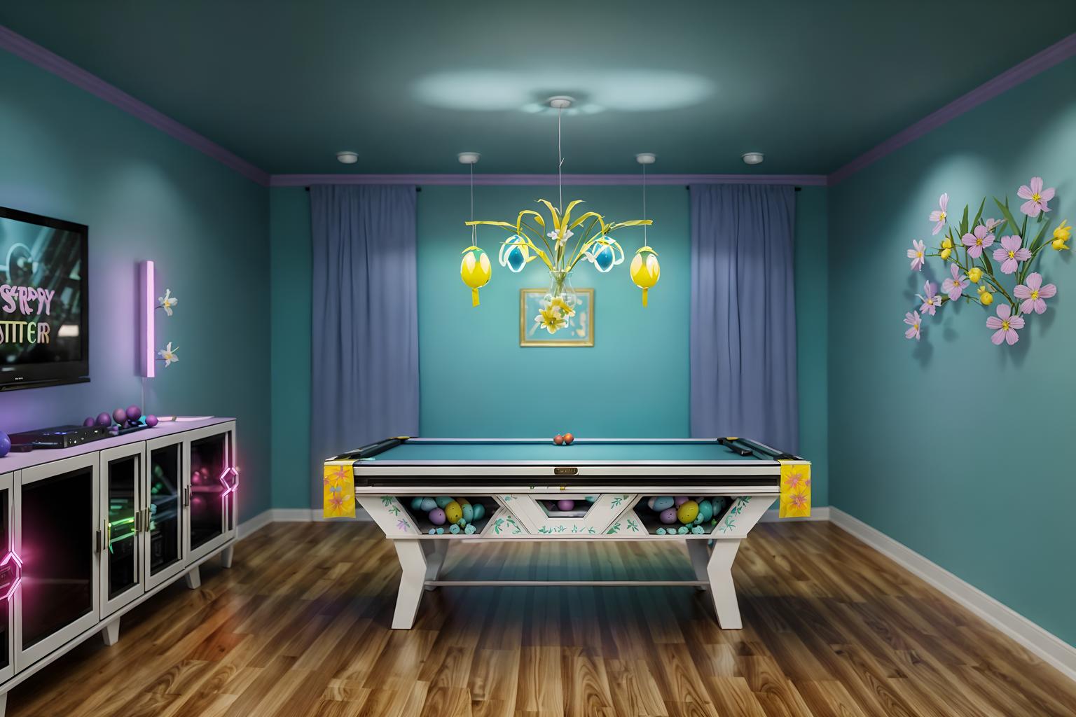 easter-style (gaming room interior) . with colorful easter eggs and light blue colors and easter decorations and flowers on table and spring decorations and colorful easter eggs. . cinematic photo, highly detailed, cinematic lighting, ultra-detailed, ultrarealistic, photorealism, 8k. easter interior design style. masterpiece, cinematic light, ultrarealistic+, photorealistic+, 8k, raw photo, realistic, sharp focus on eyes, (symmetrical eyes), (intact eyes), hyperrealistic, highest quality, best quality, , highly detailed, masterpiece, best quality, extremely detailed 8k wallpaper, masterpiece, best quality, ultra-detailed, best shadow, detailed background, detailed face, detailed eyes, high contrast, best illumination, detailed face, dulux, caustic, dynamic angle, detailed glow. dramatic lighting. highly detailed, insanely detailed hair, symmetrical, intricate details, professionally retouched, 8k high definition. strong bokeh. award winning photo.