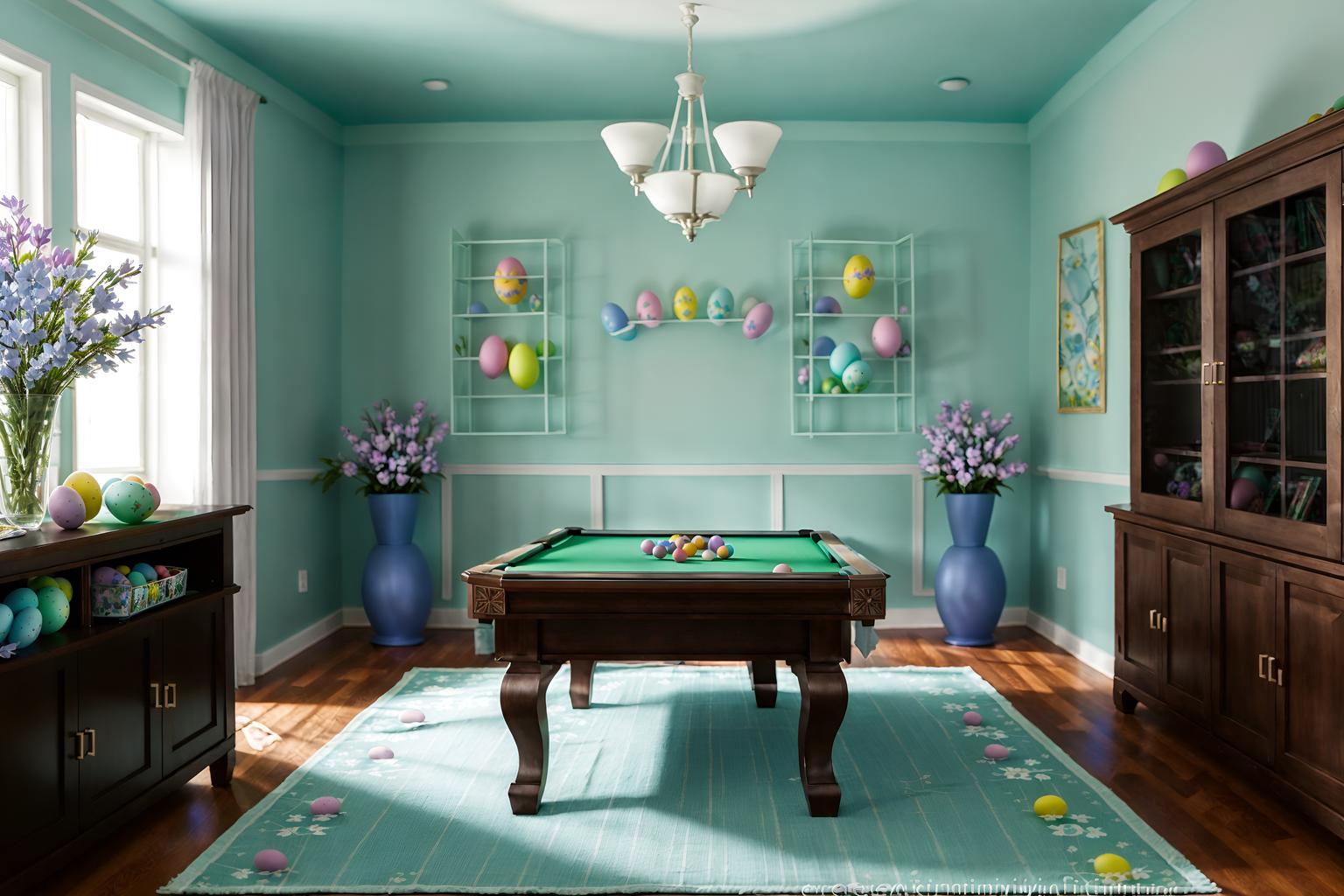 easter-style (gaming room interior) . with colorful easter eggs and light blue colors and easter decorations and flowers on table and spring decorations and colorful easter eggs. . cinematic photo, highly detailed, cinematic lighting, ultra-detailed, ultrarealistic, photorealism, 8k. easter interior design style. masterpiece, cinematic light, ultrarealistic+, photorealistic+, 8k, raw photo, realistic, sharp focus on eyes, (symmetrical eyes), (intact eyes), hyperrealistic, highest quality, best quality, , highly detailed, masterpiece, best quality, extremely detailed 8k wallpaper, masterpiece, best quality, ultra-detailed, best shadow, detailed background, detailed face, detailed eyes, high contrast, best illumination, detailed face, dulux, caustic, dynamic angle, detailed glow. dramatic lighting. highly detailed, insanely detailed hair, symmetrical, intricate details, professionally retouched, 8k high definition. strong bokeh. award winning photo.