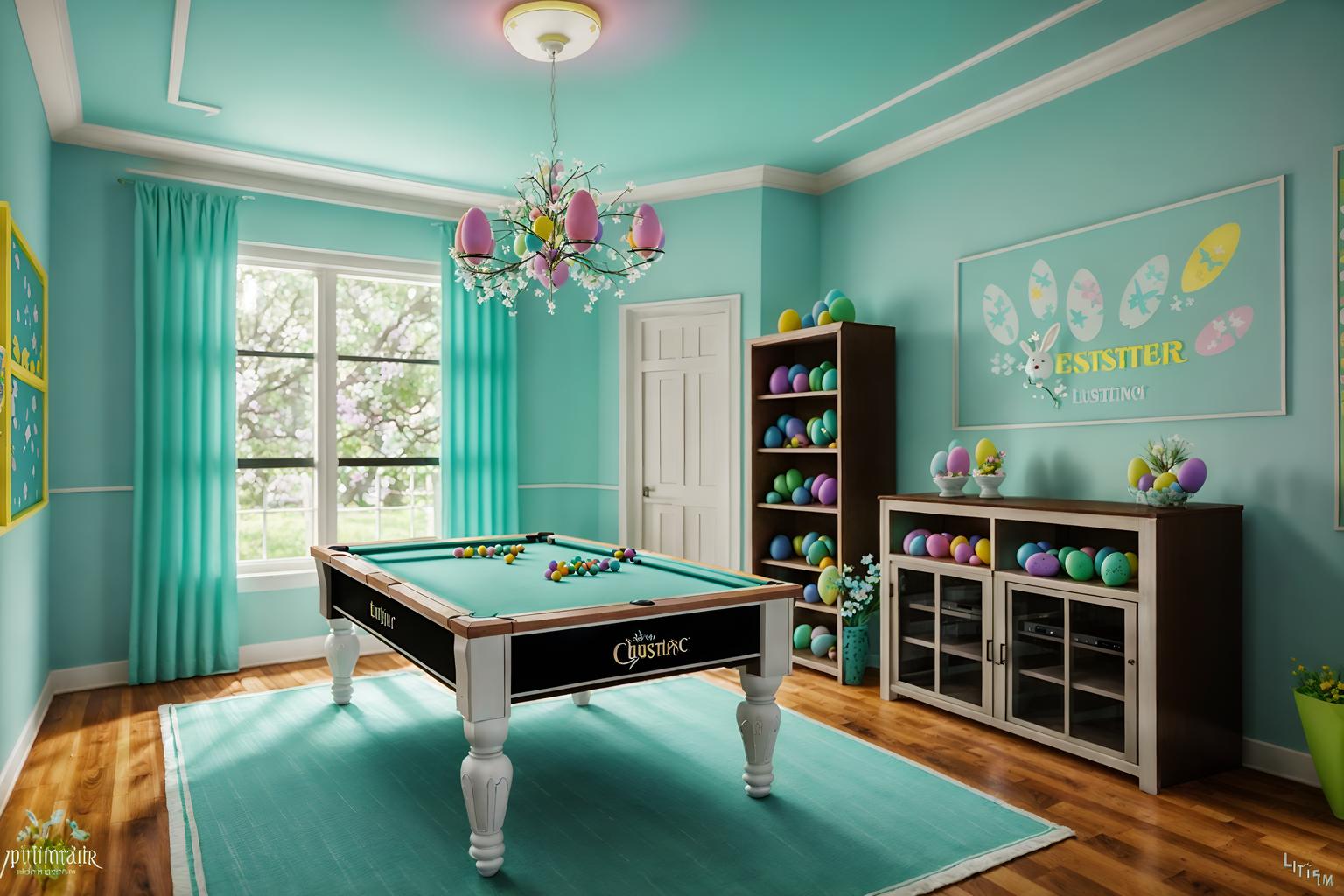 easter-style (gaming room interior) . with colorful easter eggs and light blue colors and easter decorations and flowers on table and spring decorations and colorful easter eggs. . cinematic photo, highly detailed, cinematic lighting, ultra-detailed, ultrarealistic, photorealism, 8k. easter interior design style. masterpiece, cinematic light, ultrarealistic+, photorealistic+, 8k, raw photo, realistic, sharp focus on eyes, (symmetrical eyes), (intact eyes), hyperrealistic, highest quality, best quality, , highly detailed, masterpiece, best quality, extremely detailed 8k wallpaper, masterpiece, best quality, ultra-detailed, best shadow, detailed background, detailed face, detailed eyes, high contrast, best illumination, detailed face, dulux, caustic, dynamic angle, detailed glow. dramatic lighting. highly detailed, insanely detailed hair, symmetrical, intricate details, professionally retouched, 8k high definition. strong bokeh. award winning photo.