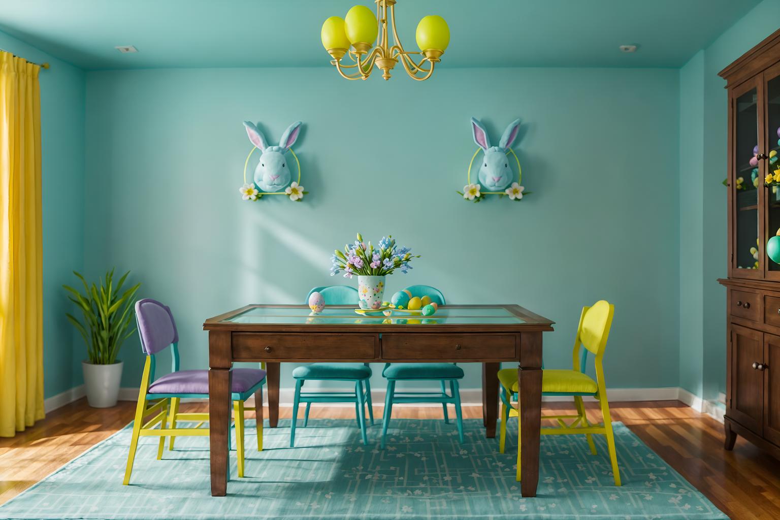 easter-style (gaming room interior) . with colorful easter eggs and light blue colors and easter decorations and flowers on table and spring decorations and colorful easter eggs. . cinematic photo, highly detailed, cinematic lighting, ultra-detailed, ultrarealistic, photorealism, 8k. easter interior design style. masterpiece, cinematic light, ultrarealistic+, photorealistic+, 8k, raw photo, realistic, sharp focus on eyes, (symmetrical eyes), (intact eyes), hyperrealistic, highest quality, best quality, , highly detailed, masterpiece, best quality, extremely detailed 8k wallpaper, masterpiece, best quality, ultra-detailed, best shadow, detailed background, detailed face, detailed eyes, high contrast, best illumination, detailed face, dulux, caustic, dynamic angle, detailed glow. dramatic lighting. highly detailed, insanely detailed hair, symmetrical, intricate details, professionally retouched, 8k high definition. strong bokeh. award winning photo.