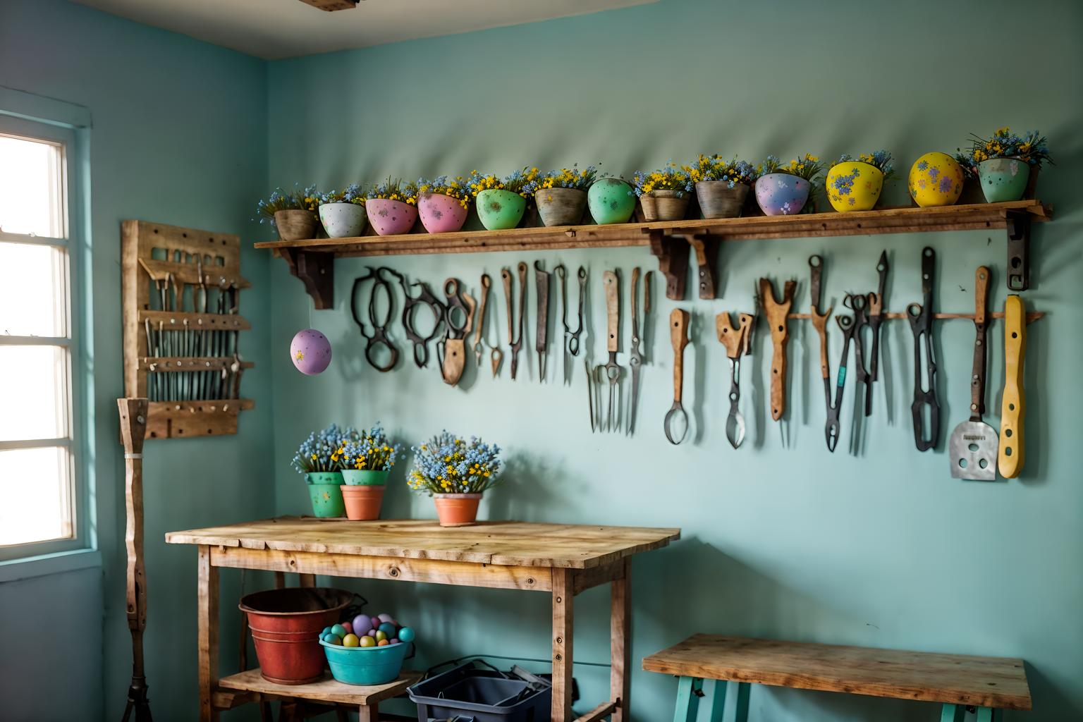 easter-style (workshop interior) with wooden workbench and messy and tool wall and wooden workbench. . with easter decorations and spring decorations and flowers on table and colorful easter eggs and light blue colors and easter decorations. . cinematic photo, highly detailed, cinematic lighting, ultra-detailed, ultrarealistic, photorealism, 8k. easter interior design style. masterpiece, cinematic light, ultrarealistic+, photorealistic+, 8k, raw photo, realistic, sharp focus on eyes, (symmetrical eyes), (intact eyes), hyperrealistic, highest quality, best quality, , highly detailed, masterpiece, best quality, extremely detailed 8k wallpaper, masterpiece, best quality, ultra-detailed, best shadow, detailed background, detailed face, detailed eyes, high contrast, best illumination, detailed face, dulux, caustic, dynamic angle, detailed glow. dramatic lighting. highly detailed, insanely detailed hair, symmetrical, intricate details, professionally retouched, 8k high definition. strong bokeh. award winning photo.