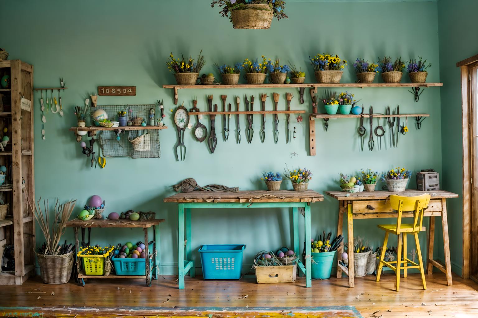 easter-style (workshop interior) with wooden workbench and messy and tool wall and wooden workbench. . with easter decorations and spring decorations and flowers on table and colorful easter eggs and light blue colors and easter decorations. . cinematic photo, highly detailed, cinematic lighting, ultra-detailed, ultrarealistic, photorealism, 8k. easter interior design style. masterpiece, cinematic light, ultrarealistic+, photorealistic+, 8k, raw photo, realistic, sharp focus on eyes, (symmetrical eyes), (intact eyes), hyperrealistic, highest quality, best quality, , highly detailed, masterpiece, best quality, extremely detailed 8k wallpaper, masterpiece, best quality, ultra-detailed, best shadow, detailed background, detailed face, detailed eyes, high contrast, best illumination, detailed face, dulux, caustic, dynamic angle, detailed glow. dramatic lighting. highly detailed, insanely detailed hair, symmetrical, intricate details, professionally retouched, 8k high definition. strong bokeh. award winning photo.