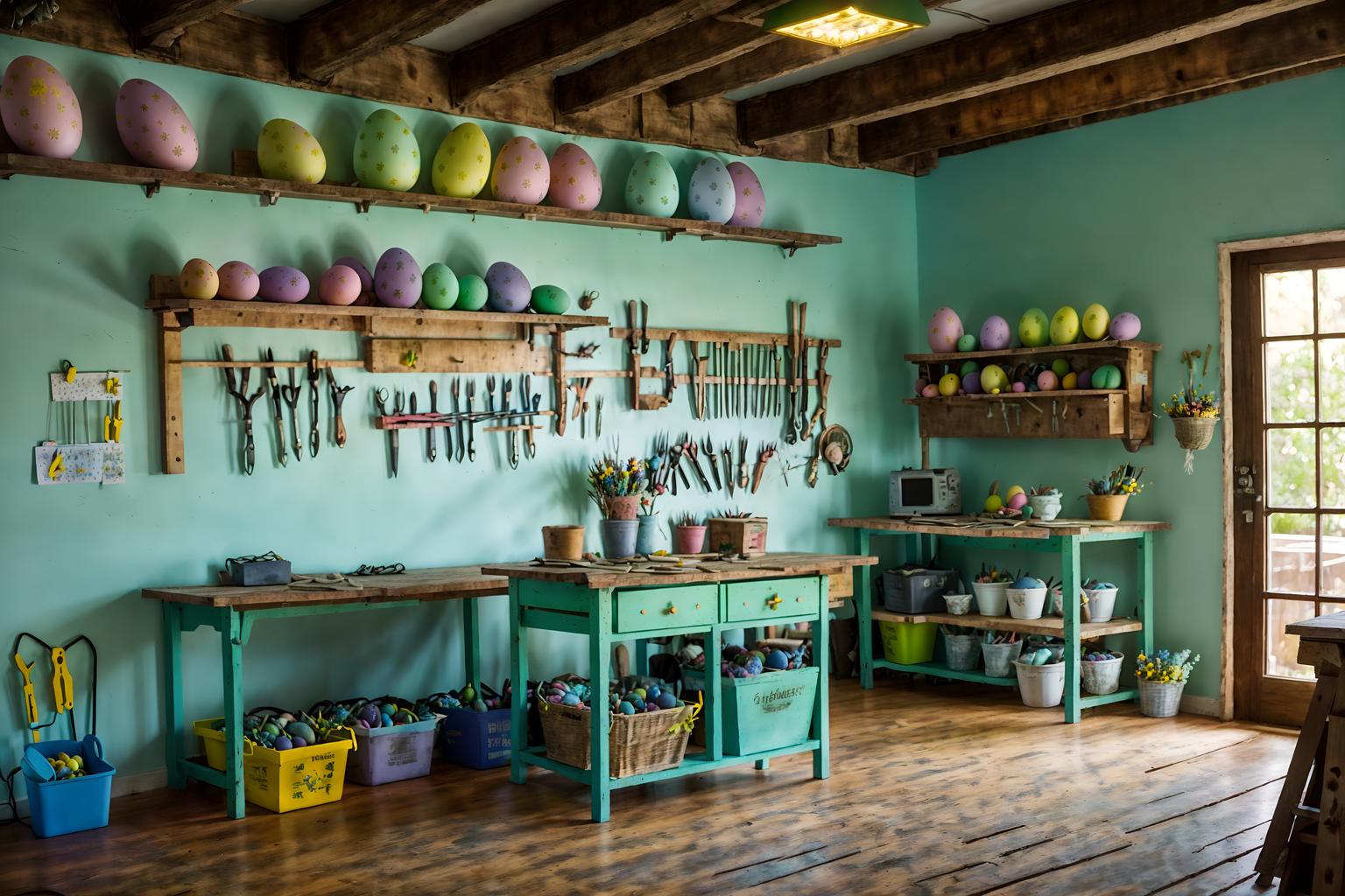 easter-style (workshop interior) with wooden workbench and messy and tool wall and wooden workbench. . with easter decorations and spring decorations and flowers on table and colorful easter eggs and light blue colors and easter decorations. . cinematic photo, highly detailed, cinematic lighting, ultra-detailed, ultrarealistic, photorealism, 8k. easter interior design style. masterpiece, cinematic light, ultrarealistic+, photorealistic+, 8k, raw photo, realistic, sharp focus on eyes, (symmetrical eyes), (intact eyes), hyperrealistic, highest quality, best quality, , highly detailed, masterpiece, best quality, extremely detailed 8k wallpaper, masterpiece, best quality, ultra-detailed, best shadow, detailed background, detailed face, detailed eyes, high contrast, best illumination, detailed face, dulux, caustic, dynamic angle, detailed glow. dramatic lighting. highly detailed, insanely detailed hair, symmetrical, intricate details, professionally retouched, 8k high definition. strong bokeh. award winning photo.