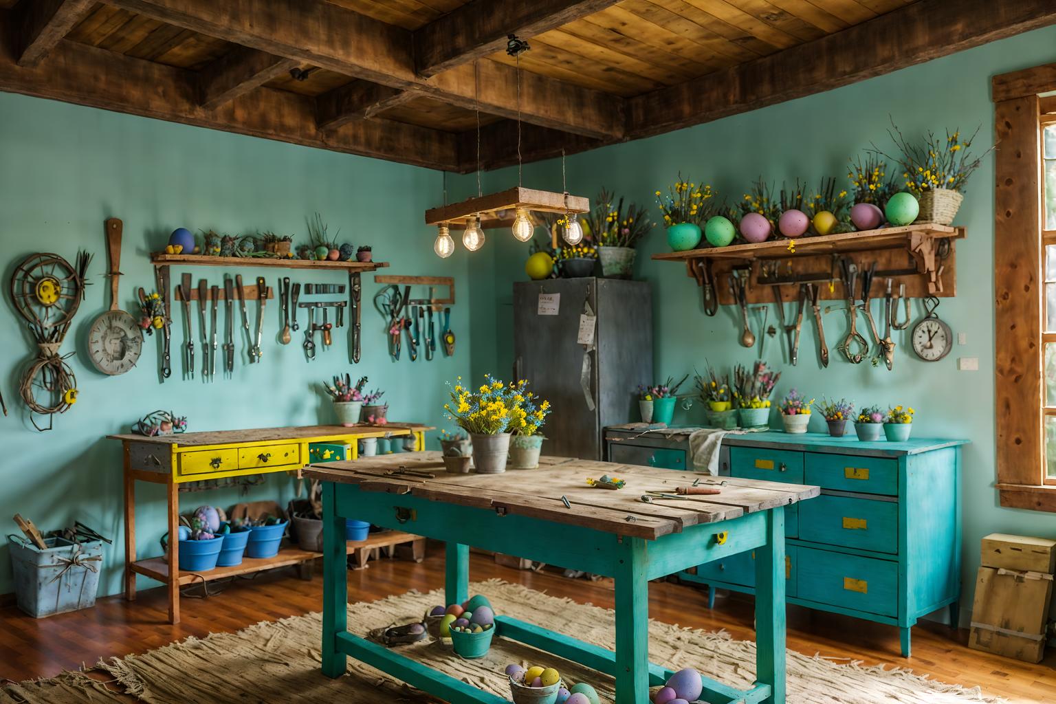 easter-style (workshop interior) with wooden workbench and messy and tool wall and wooden workbench. . with easter decorations and spring decorations and flowers on table and colorful easter eggs and light blue colors and easter decorations. . cinematic photo, highly detailed, cinematic lighting, ultra-detailed, ultrarealistic, photorealism, 8k. easter interior design style. masterpiece, cinematic light, ultrarealistic+, photorealistic+, 8k, raw photo, realistic, sharp focus on eyes, (symmetrical eyes), (intact eyes), hyperrealistic, highest quality, best quality, , highly detailed, masterpiece, best quality, extremely detailed 8k wallpaper, masterpiece, best quality, ultra-detailed, best shadow, detailed background, detailed face, detailed eyes, high contrast, best illumination, detailed face, dulux, caustic, dynamic angle, detailed glow. dramatic lighting. highly detailed, insanely detailed hair, symmetrical, intricate details, professionally retouched, 8k high definition. strong bokeh. award winning photo.