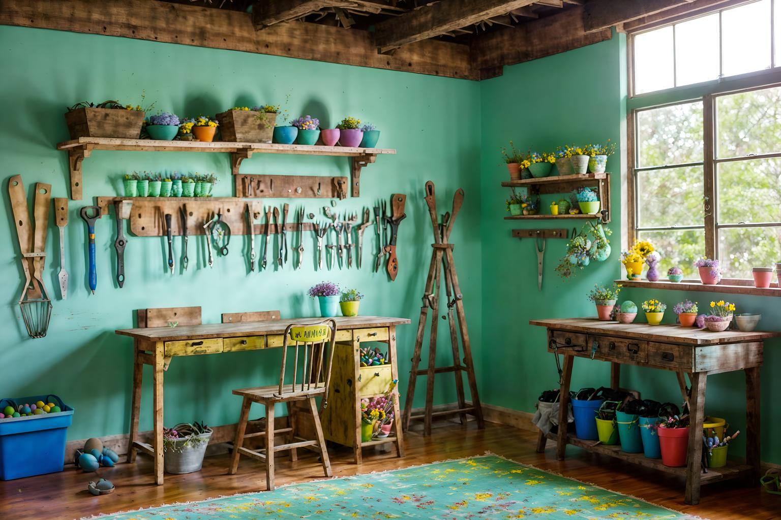 easter-style (workshop interior) with wooden workbench and messy and tool wall and wooden workbench. . with easter decorations and spring decorations and flowers on table and colorful easter eggs and light blue colors and easter decorations. . cinematic photo, highly detailed, cinematic lighting, ultra-detailed, ultrarealistic, photorealism, 8k. easter interior design style. masterpiece, cinematic light, ultrarealistic+, photorealistic+, 8k, raw photo, realistic, sharp focus on eyes, (symmetrical eyes), (intact eyes), hyperrealistic, highest quality, best quality, , highly detailed, masterpiece, best quality, extremely detailed 8k wallpaper, masterpiece, best quality, ultra-detailed, best shadow, detailed background, detailed face, detailed eyes, high contrast, best illumination, detailed face, dulux, caustic, dynamic angle, detailed glow. dramatic lighting. highly detailed, insanely detailed hair, symmetrical, intricate details, professionally retouched, 8k high definition. strong bokeh. award winning photo.