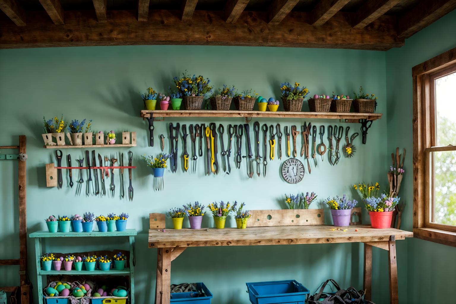 easter-style (workshop interior) with wooden workbench and messy and tool wall and wooden workbench. . with easter decorations and spring decorations and flowers on table and colorful easter eggs and light blue colors and easter decorations. . cinematic photo, highly detailed, cinematic lighting, ultra-detailed, ultrarealistic, photorealism, 8k. easter interior design style. masterpiece, cinematic light, ultrarealistic+, photorealistic+, 8k, raw photo, realistic, sharp focus on eyes, (symmetrical eyes), (intact eyes), hyperrealistic, highest quality, best quality, , highly detailed, masterpiece, best quality, extremely detailed 8k wallpaper, masterpiece, best quality, ultra-detailed, best shadow, detailed background, detailed face, detailed eyes, high contrast, best illumination, detailed face, dulux, caustic, dynamic angle, detailed glow. dramatic lighting. highly detailed, insanely detailed hair, symmetrical, intricate details, professionally retouched, 8k high definition. strong bokeh. award winning photo.