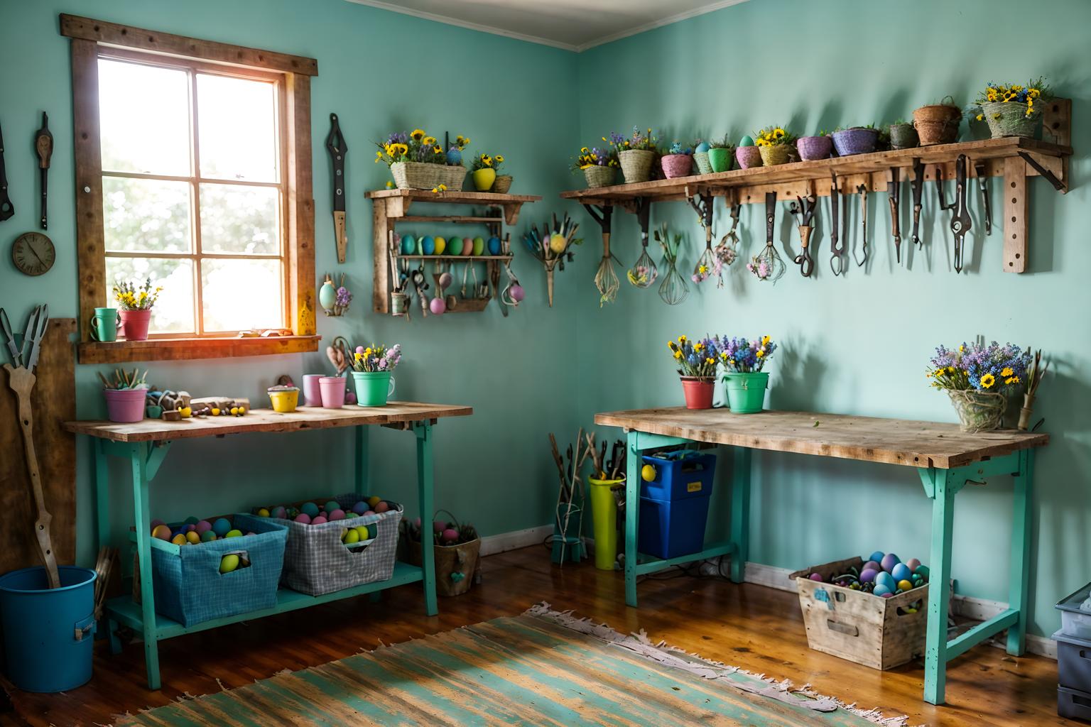 easter-style (workshop interior) with wooden workbench and messy and tool wall and wooden workbench. . with easter decorations and spring decorations and flowers on table and colorful easter eggs and light blue colors and easter decorations. . cinematic photo, highly detailed, cinematic lighting, ultra-detailed, ultrarealistic, photorealism, 8k. easter interior design style. masterpiece, cinematic light, ultrarealistic+, photorealistic+, 8k, raw photo, realistic, sharp focus on eyes, (symmetrical eyes), (intact eyes), hyperrealistic, highest quality, best quality, , highly detailed, masterpiece, best quality, extremely detailed 8k wallpaper, masterpiece, best quality, ultra-detailed, best shadow, detailed background, detailed face, detailed eyes, high contrast, best illumination, detailed face, dulux, caustic, dynamic angle, detailed glow. dramatic lighting. highly detailed, insanely detailed hair, symmetrical, intricate details, professionally retouched, 8k high definition. strong bokeh. award winning photo.