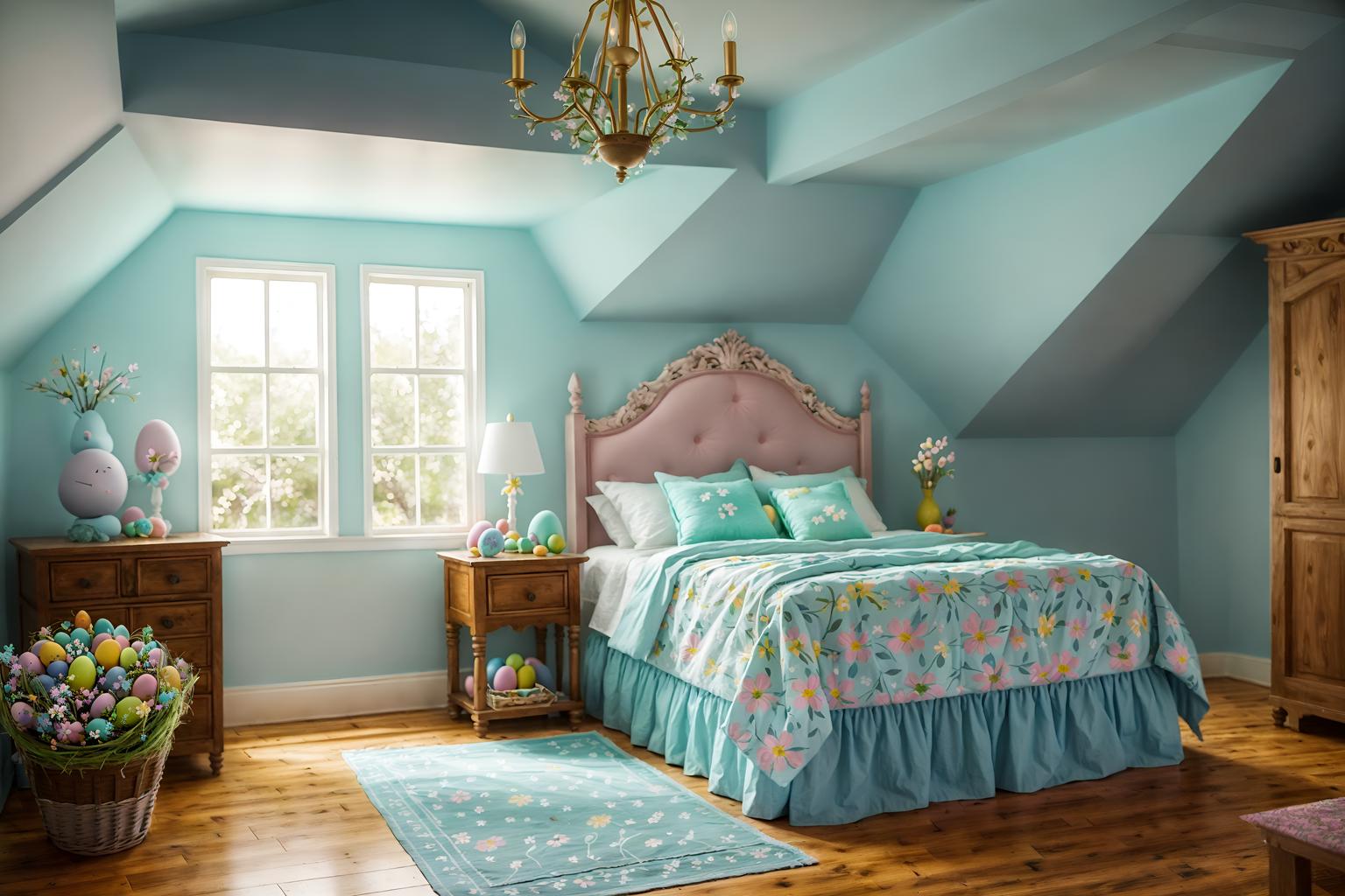 easter-style (attic interior) . with spring decorations and easter decorations and light blue colors and flowers on table and colorful easter eggs and spring decorations. . cinematic photo, highly detailed, cinematic lighting, ultra-detailed, ultrarealistic, photorealism, 8k. easter interior design style. masterpiece, cinematic light, ultrarealistic+, photorealistic+, 8k, raw photo, realistic, sharp focus on eyes, (symmetrical eyes), (intact eyes), hyperrealistic, highest quality, best quality, , highly detailed, masterpiece, best quality, extremely detailed 8k wallpaper, masterpiece, best quality, ultra-detailed, best shadow, detailed background, detailed face, detailed eyes, high contrast, best illumination, detailed face, dulux, caustic, dynamic angle, detailed glow. dramatic lighting. highly detailed, insanely detailed hair, symmetrical, intricate details, professionally retouched, 8k high definition. strong bokeh. award winning photo.