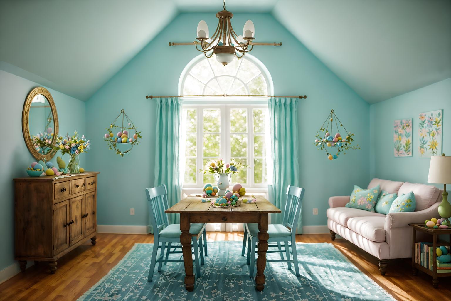 easter-style (attic interior) . with spring decorations and easter decorations and light blue colors and flowers on table and colorful easter eggs and spring decorations. . cinematic photo, highly detailed, cinematic lighting, ultra-detailed, ultrarealistic, photorealism, 8k. easter interior design style. masterpiece, cinematic light, ultrarealistic+, photorealistic+, 8k, raw photo, realistic, sharp focus on eyes, (symmetrical eyes), (intact eyes), hyperrealistic, highest quality, best quality, , highly detailed, masterpiece, best quality, extremely detailed 8k wallpaper, masterpiece, best quality, ultra-detailed, best shadow, detailed background, detailed face, detailed eyes, high contrast, best illumination, detailed face, dulux, caustic, dynamic angle, detailed glow. dramatic lighting. highly detailed, insanely detailed hair, symmetrical, intricate details, professionally retouched, 8k high definition. strong bokeh. award winning photo.