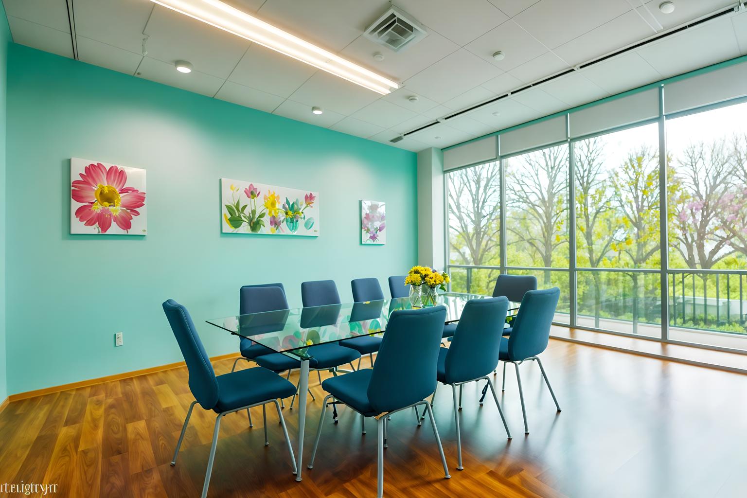 easter-style (meeting room interior) with cabinets and boardroom table and painting or photo on wall and office chairs and vase and plant and glass walls and glass doors. . with spring decorations and flowers on table and colorful easter eggs and easter decorations and light blue colors and spring decorations. . cinematic photo, highly detailed, cinematic lighting, ultra-detailed, ultrarealistic, photorealism, 8k. easter interior design style. masterpiece, cinematic light, ultrarealistic+, photorealistic+, 8k, raw photo, realistic, sharp focus on eyes, (symmetrical eyes), (intact eyes), hyperrealistic, highest quality, best quality, , highly detailed, masterpiece, best quality, extremely detailed 8k wallpaper, masterpiece, best quality, ultra-detailed, best shadow, detailed background, detailed face, detailed eyes, high contrast, best illumination, detailed face, dulux, caustic, dynamic angle, detailed glow. dramatic lighting. highly detailed, insanely detailed hair, symmetrical, intricate details, professionally retouched, 8k high definition. strong bokeh. award winning photo.