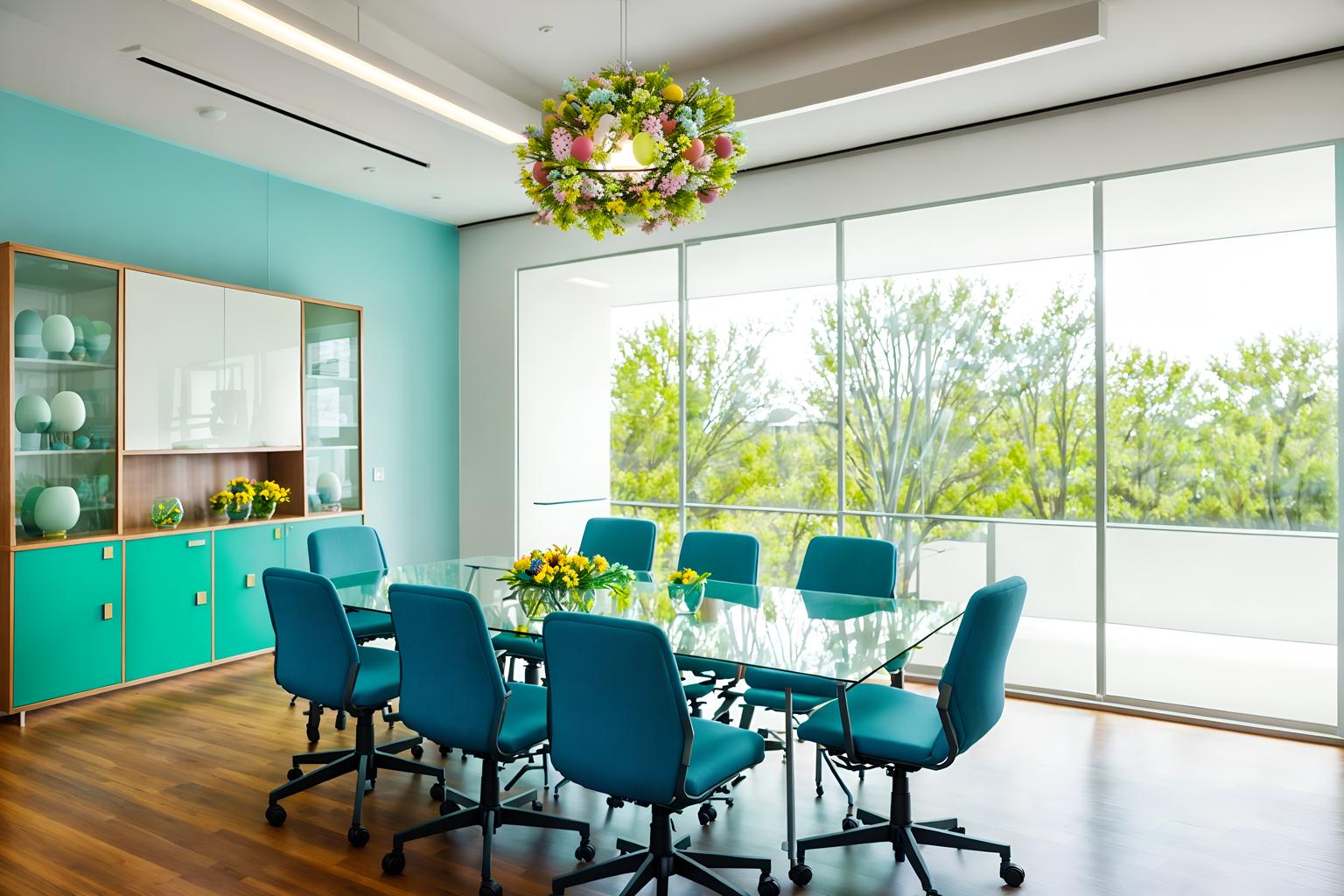 easter-style (meeting room interior) with cabinets and boardroom table and painting or photo on wall and office chairs and vase and plant and glass walls and glass doors. . with spring decorations and flowers on table and colorful easter eggs and easter decorations and light blue colors and spring decorations. . cinematic photo, highly detailed, cinematic lighting, ultra-detailed, ultrarealistic, photorealism, 8k. easter interior design style. masterpiece, cinematic light, ultrarealistic+, photorealistic+, 8k, raw photo, realistic, sharp focus on eyes, (symmetrical eyes), (intact eyes), hyperrealistic, highest quality, best quality, , highly detailed, masterpiece, best quality, extremely detailed 8k wallpaper, masterpiece, best quality, ultra-detailed, best shadow, detailed background, detailed face, detailed eyes, high contrast, best illumination, detailed face, dulux, caustic, dynamic angle, detailed glow. dramatic lighting. highly detailed, insanely detailed hair, symmetrical, intricate details, professionally retouched, 8k high definition. strong bokeh. award winning photo.