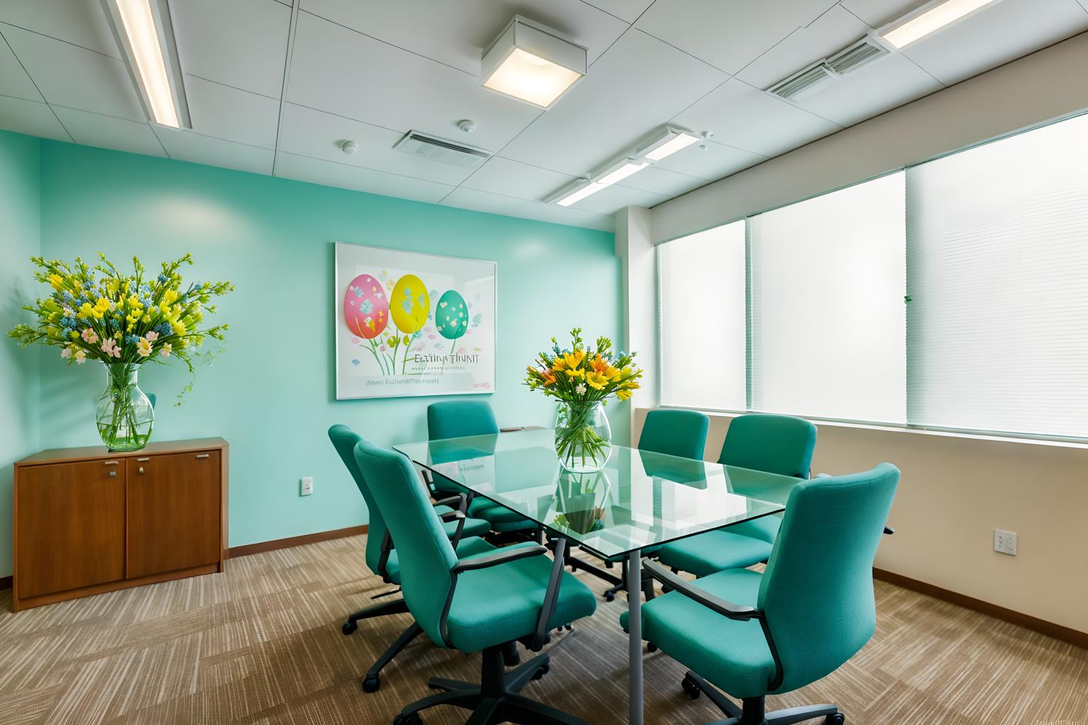 easter-style (meeting room interior) with cabinets and boardroom table and painting or photo on wall and office chairs and vase and plant and glass walls and glass doors. . with spring decorations and flowers on table and colorful easter eggs and easter decorations and light blue colors and spring decorations. . cinematic photo, highly detailed, cinematic lighting, ultra-detailed, ultrarealistic, photorealism, 8k. easter interior design style. masterpiece, cinematic light, ultrarealistic+, photorealistic+, 8k, raw photo, realistic, sharp focus on eyes, (symmetrical eyes), (intact eyes), hyperrealistic, highest quality, best quality, , highly detailed, masterpiece, best quality, extremely detailed 8k wallpaper, masterpiece, best quality, ultra-detailed, best shadow, detailed background, detailed face, detailed eyes, high contrast, best illumination, detailed face, dulux, caustic, dynamic angle, detailed glow. dramatic lighting. highly detailed, insanely detailed hair, symmetrical, intricate details, professionally retouched, 8k high definition. strong bokeh. award winning photo.