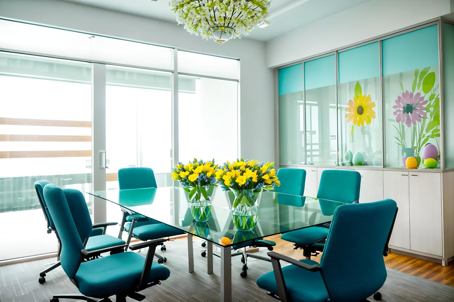 easter-style (meeting room interior) with cabinets and boardroom table and painting or photo on wall and office chairs and vase and plant and glass walls and glass doors. . with spring decorations and flowers on table and colorful easter eggs and easter decorations and light blue colors and spring decorations. . cinematic photo, highly detailed, cinematic lighting, ultra-detailed, ultrarealistic, photorealism, 8k. easter interior design style. masterpiece, cinematic light, ultrarealistic+, photorealistic+, 8k, raw photo, realistic, sharp focus on eyes, (symmetrical eyes), (intact eyes), hyperrealistic, highest quality, best quality, , highly detailed, masterpiece, best quality, extremely detailed 8k wallpaper, masterpiece, best quality, ultra-detailed, best shadow, detailed background, detailed face, detailed eyes, high contrast, best illumination, detailed face, dulux, caustic, dynamic angle, detailed glow. dramatic lighting. highly detailed, insanely detailed hair, symmetrical, intricate details, professionally retouched, 8k high definition. strong bokeh. award winning photo.