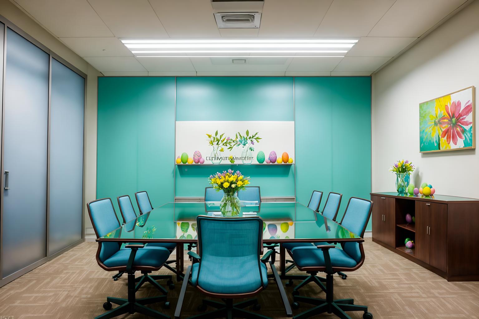 easter-style (meeting room interior) with cabinets and boardroom table and painting or photo on wall and office chairs and vase and plant and glass walls and glass doors. . with spring decorations and flowers on table and colorful easter eggs and easter decorations and light blue colors and spring decorations. . cinematic photo, highly detailed, cinematic lighting, ultra-detailed, ultrarealistic, photorealism, 8k. easter interior design style. masterpiece, cinematic light, ultrarealistic+, photorealistic+, 8k, raw photo, realistic, sharp focus on eyes, (symmetrical eyes), (intact eyes), hyperrealistic, highest quality, best quality, , highly detailed, masterpiece, best quality, extremely detailed 8k wallpaper, masterpiece, best quality, ultra-detailed, best shadow, detailed background, detailed face, detailed eyes, high contrast, best illumination, detailed face, dulux, caustic, dynamic angle, detailed glow. dramatic lighting. highly detailed, insanely detailed hair, symmetrical, intricate details, professionally retouched, 8k high definition. strong bokeh. award winning photo.