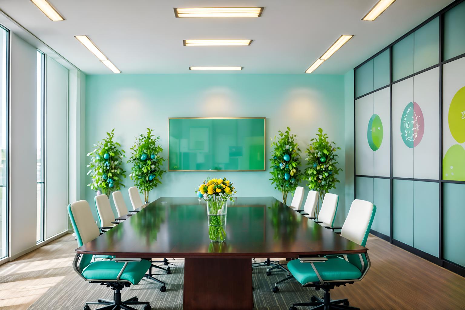 easter-style (meeting room interior) with cabinets and boardroom table and painting or photo on wall and office chairs and vase and plant and glass walls and glass doors. . with spring decorations and flowers on table and colorful easter eggs and easter decorations and light blue colors and spring decorations. . cinematic photo, highly detailed, cinematic lighting, ultra-detailed, ultrarealistic, photorealism, 8k. easter interior design style. masterpiece, cinematic light, ultrarealistic+, photorealistic+, 8k, raw photo, realistic, sharp focus on eyes, (symmetrical eyes), (intact eyes), hyperrealistic, highest quality, best quality, , highly detailed, masterpiece, best quality, extremely detailed 8k wallpaper, masterpiece, best quality, ultra-detailed, best shadow, detailed background, detailed face, detailed eyes, high contrast, best illumination, detailed face, dulux, caustic, dynamic angle, detailed glow. dramatic lighting. highly detailed, insanely detailed hair, symmetrical, intricate details, professionally retouched, 8k high definition. strong bokeh. award winning photo.