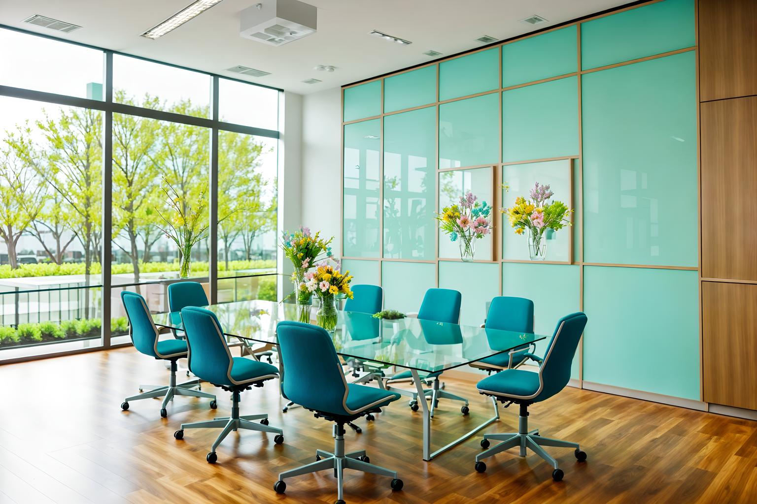 easter-style (meeting room interior) with cabinets and boardroom table and painting or photo on wall and office chairs and vase and plant and glass walls and glass doors. . with spring decorations and flowers on table and colorful easter eggs and easter decorations and light blue colors and spring decorations. . cinematic photo, highly detailed, cinematic lighting, ultra-detailed, ultrarealistic, photorealism, 8k. easter interior design style. masterpiece, cinematic light, ultrarealistic+, photorealistic+, 8k, raw photo, realistic, sharp focus on eyes, (symmetrical eyes), (intact eyes), hyperrealistic, highest quality, best quality, , highly detailed, masterpiece, best quality, extremely detailed 8k wallpaper, masterpiece, best quality, ultra-detailed, best shadow, detailed background, detailed face, detailed eyes, high contrast, best illumination, detailed face, dulux, caustic, dynamic angle, detailed glow. dramatic lighting. highly detailed, insanely detailed hair, symmetrical, intricate details, professionally retouched, 8k high definition. strong bokeh. award winning photo.