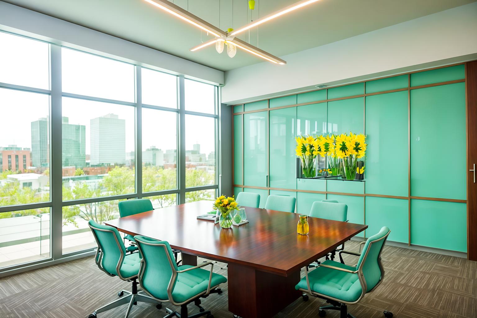 easter-style (meeting room interior) with cabinets and boardroom table and painting or photo on wall and office chairs and vase and plant and glass walls and glass doors. . with spring decorations and flowers on table and colorful easter eggs and easter decorations and light blue colors and spring decorations. . cinematic photo, highly detailed, cinematic lighting, ultra-detailed, ultrarealistic, photorealism, 8k. easter interior design style. masterpiece, cinematic light, ultrarealistic+, photorealistic+, 8k, raw photo, realistic, sharp focus on eyes, (symmetrical eyes), (intact eyes), hyperrealistic, highest quality, best quality, , highly detailed, masterpiece, best quality, extremely detailed 8k wallpaper, masterpiece, best quality, ultra-detailed, best shadow, detailed background, detailed face, detailed eyes, high contrast, best illumination, detailed face, dulux, caustic, dynamic angle, detailed glow. dramatic lighting. highly detailed, insanely detailed hair, symmetrical, intricate details, professionally retouched, 8k high definition. strong bokeh. award winning photo.