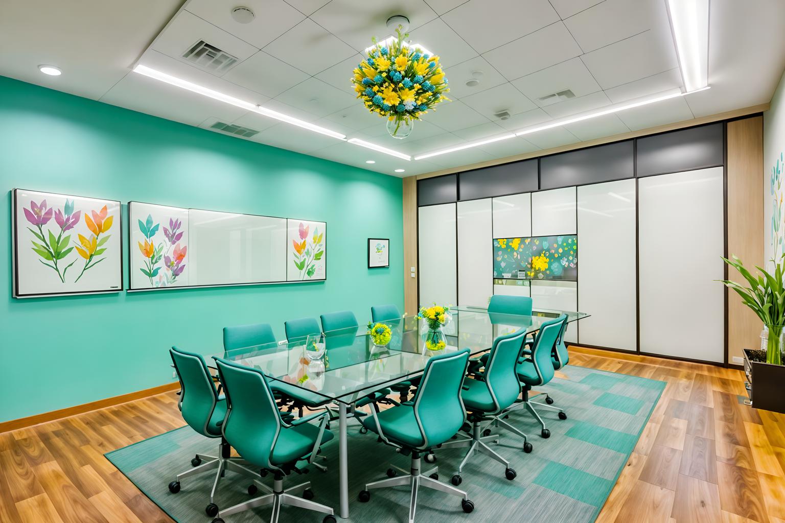 easter-style (meeting room interior) with cabinets and boardroom table and painting or photo on wall and office chairs and vase and plant and glass walls and glass doors. . with spring decorations and flowers on table and colorful easter eggs and easter decorations and light blue colors and spring decorations. . cinematic photo, highly detailed, cinematic lighting, ultra-detailed, ultrarealistic, photorealism, 8k. easter interior design style. masterpiece, cinematic light, ultrarealistic+, photorealistic+, 8k, raw photo, realistic, sharp focus on eyes, (symmetrical eyes), (intact eyes), hyperrealistic, highest quality, best quality, , highly detailed, masterpiece, best quality, extremely detailed 8k wallpaper, masterpiece, best quality, ultra-detailed, best shadow, detailed background, detailed face, detailed eyes, high contrast, best illumination, detailed face, dulux, caustic, dynamic angle, detailed glow. dramatic lighting. highly detailed, insanely detailed hair, symmetrical, intricate details, professionally retouched, 8k high definition. strong bokeh. award winning photo.